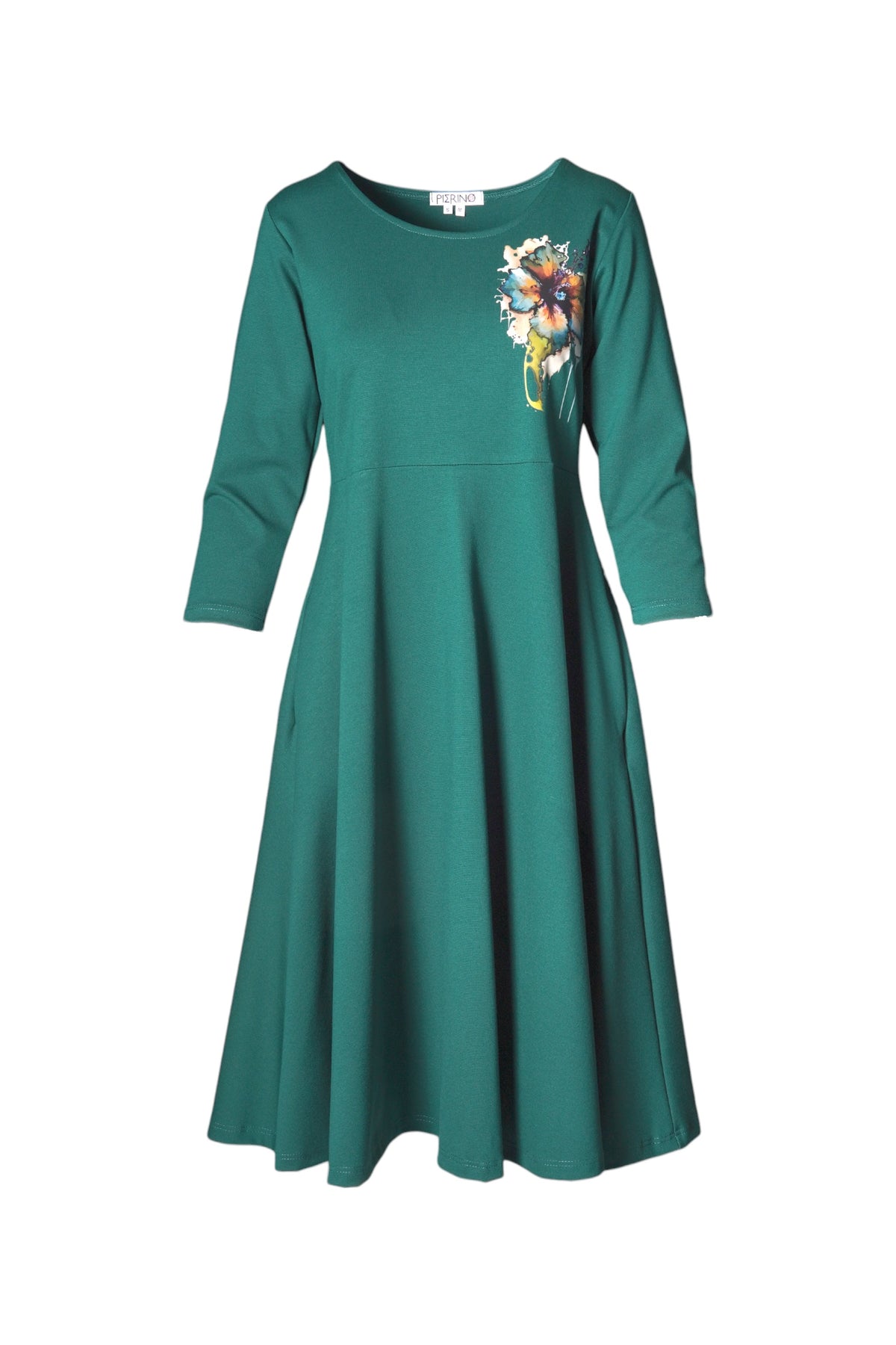 Rochie cloș cu mânecă trei sferturi și floare imprimată, în nuanța verde închis, vedere frontală, All Above Boutique