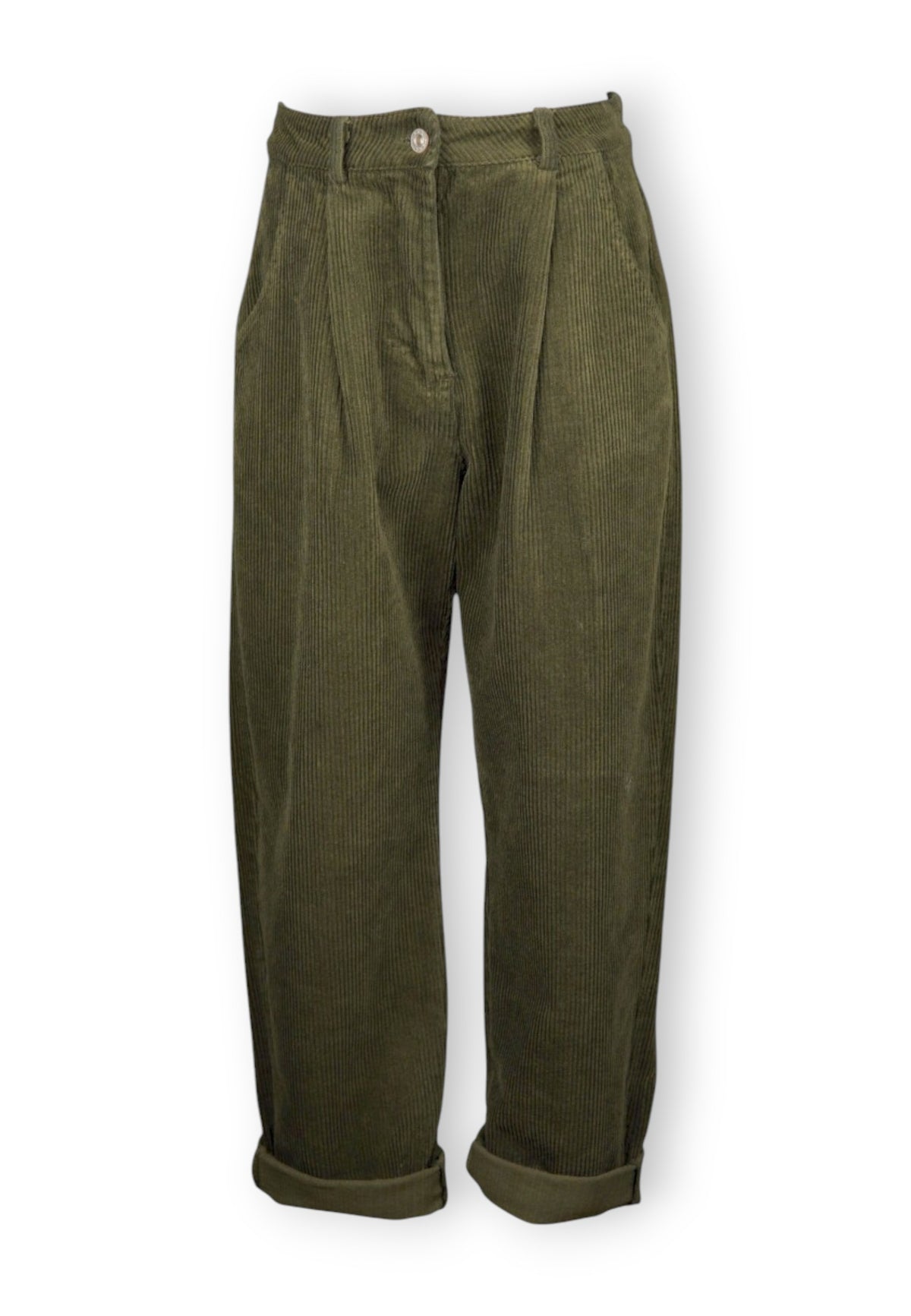 Pantaloni bufanți din reiat verde, croi tip barrel cu talie medie și buzunare.
