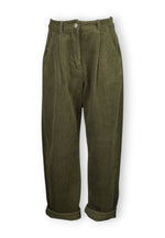 Pantaloni bufanți din reiat verde, croi tip barrel cu talie medie și buzunare.
