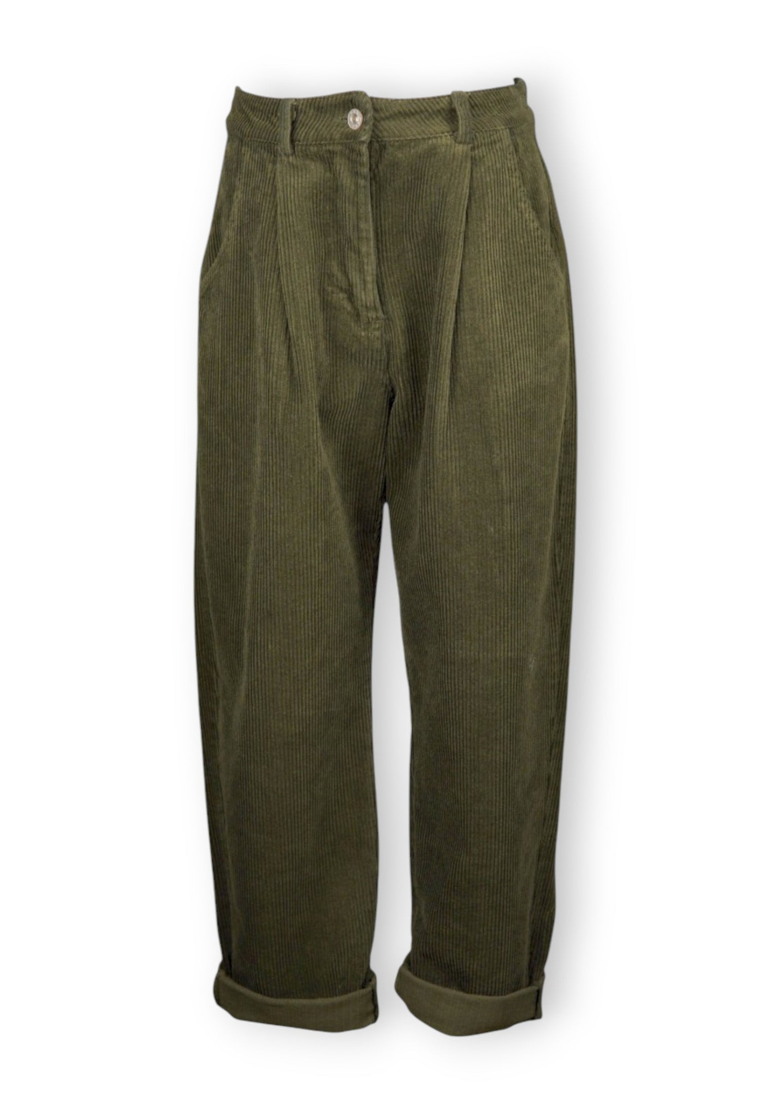 Pantaloni bufanți din reiat verde, croi tip barrel cu talie medie și buzunare.