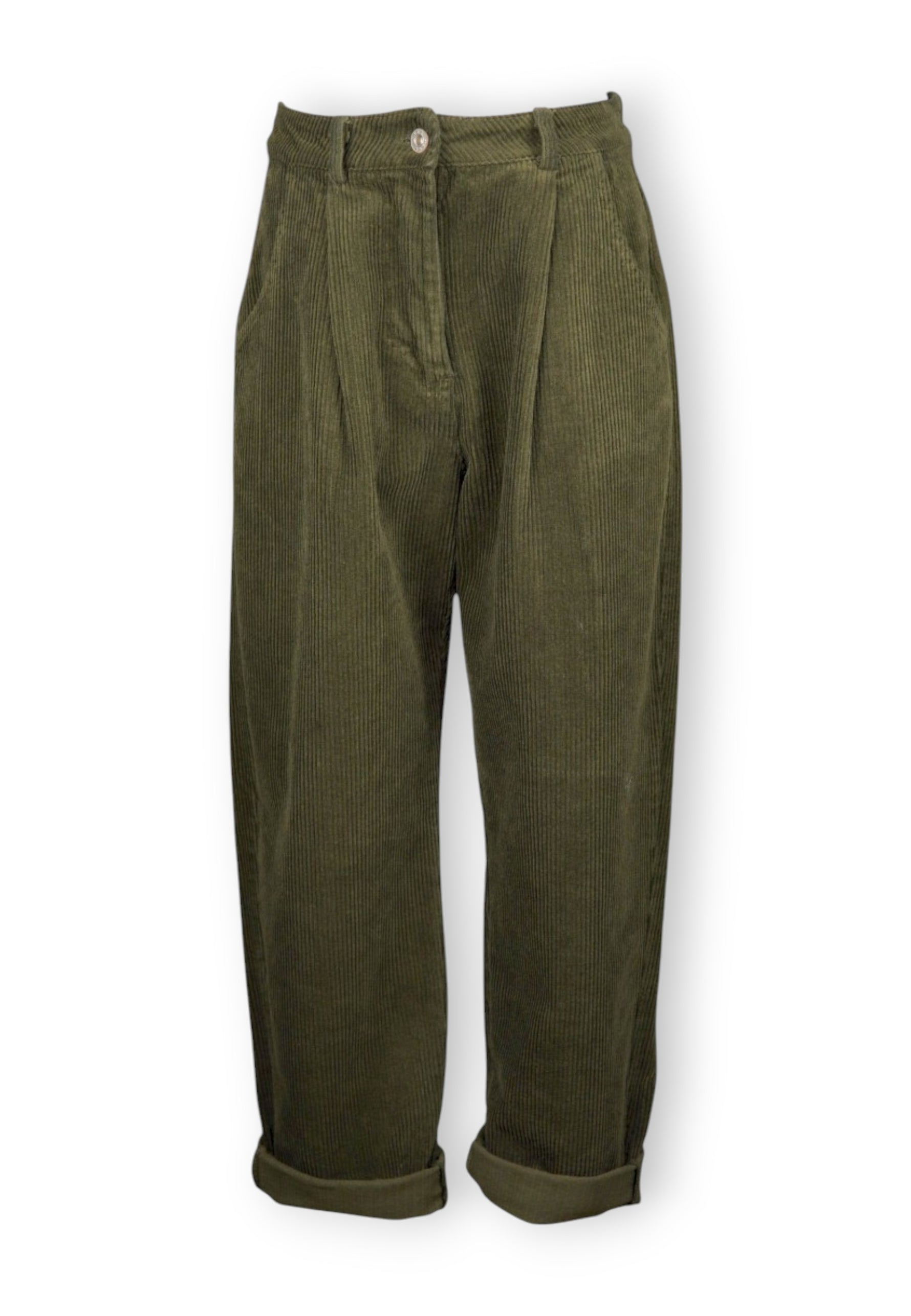 Pantaloni bufanți din reiat verde, croi tip barrel cu talie medie și buzunare.