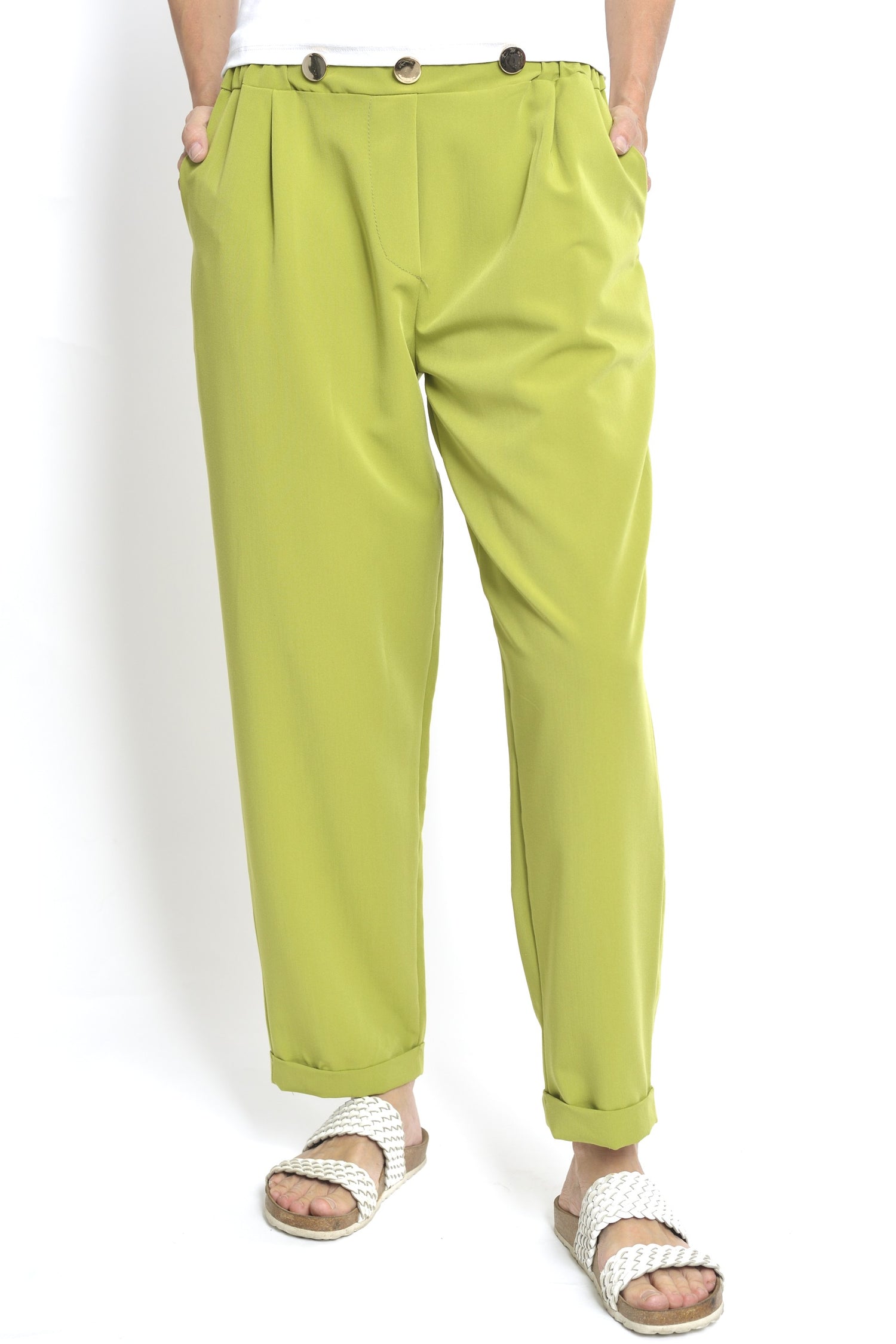  Pantaloni chino verzi, croială lejeră, cu trei nasturi decorativi în talie