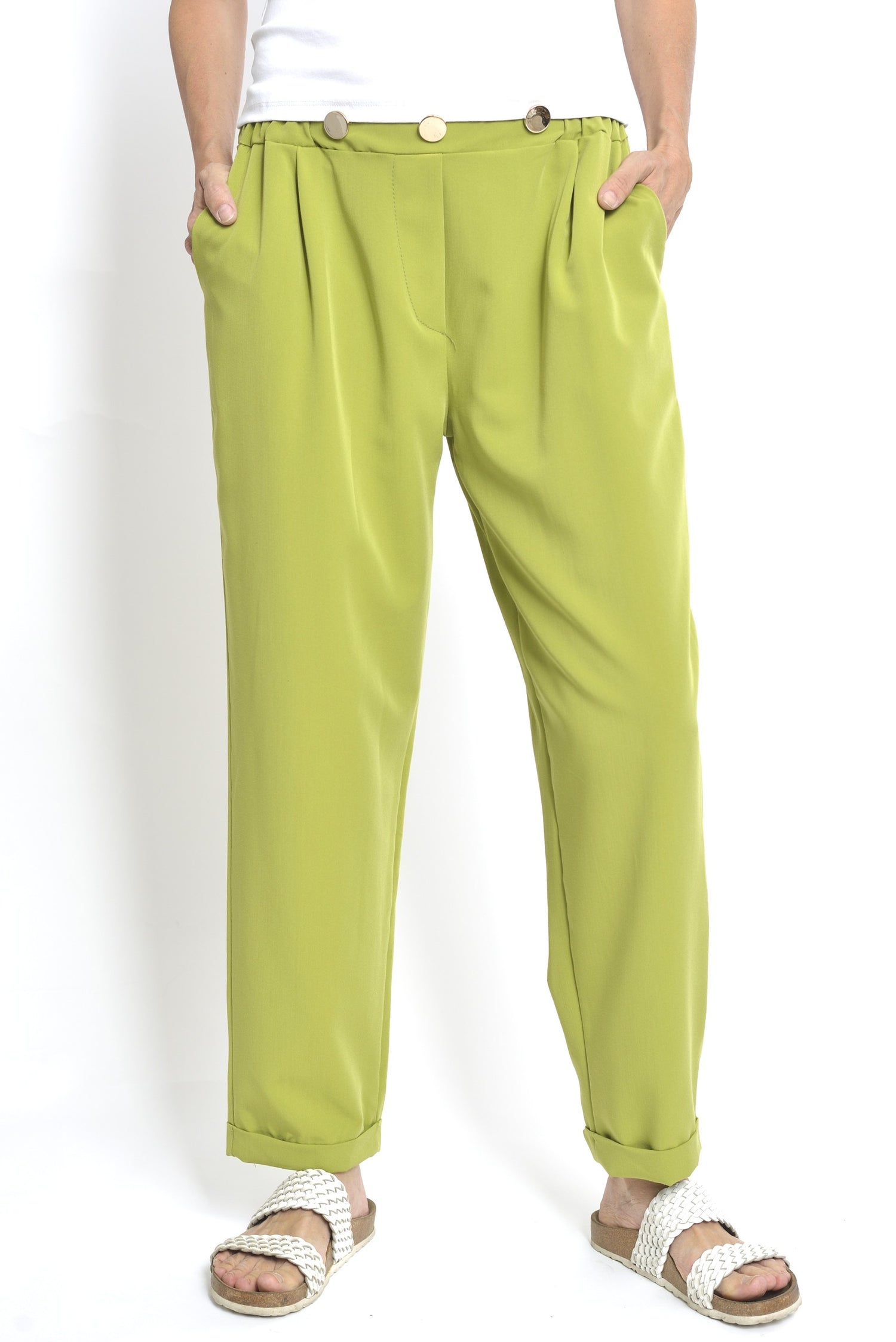  Pantaloni verde-lime cu betelie elastică și pliuri frontale