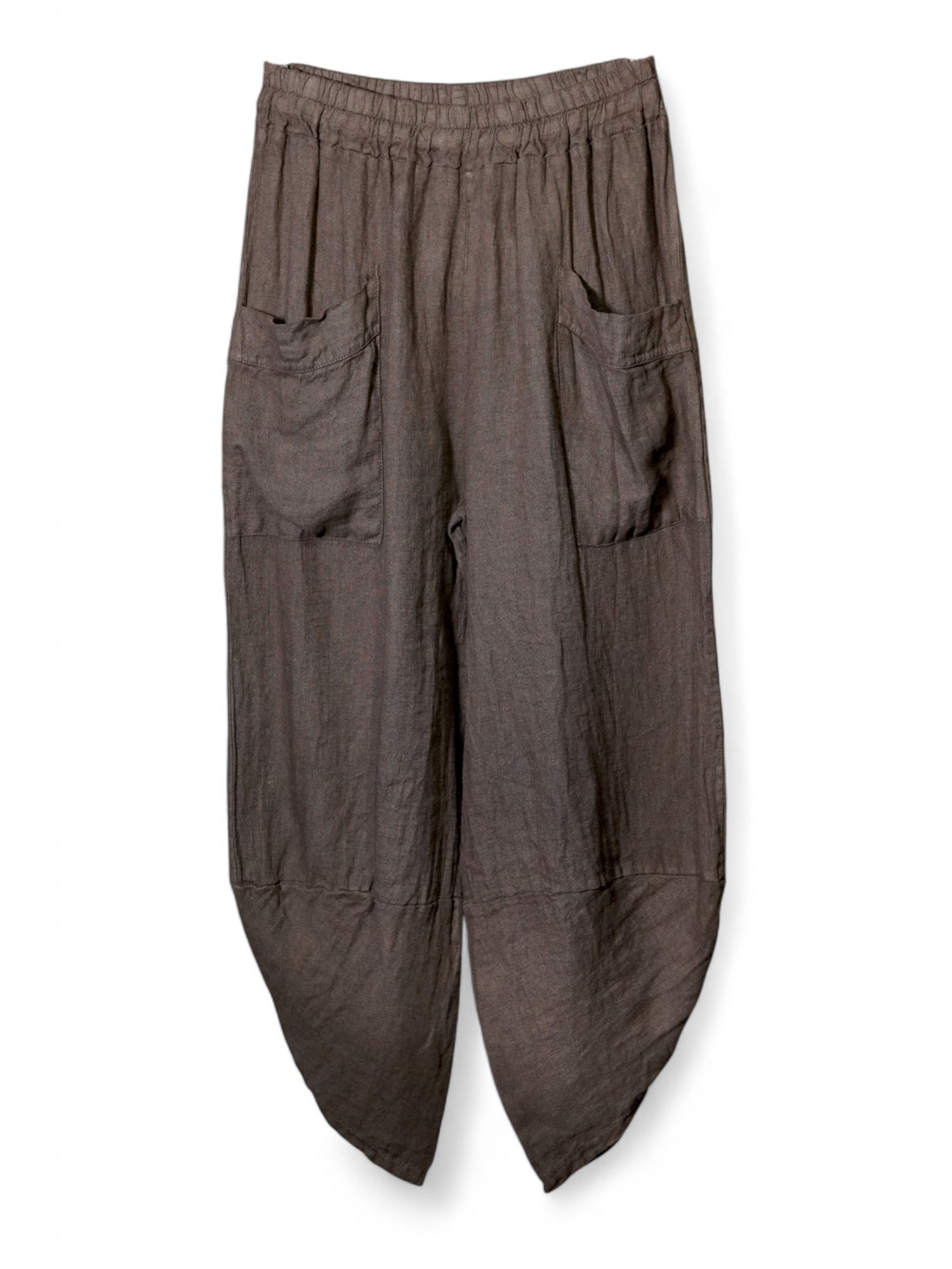 Pantaloni lejeri din in 100% de culoare maro, cu buzunare frontale și tiv ascuțit.