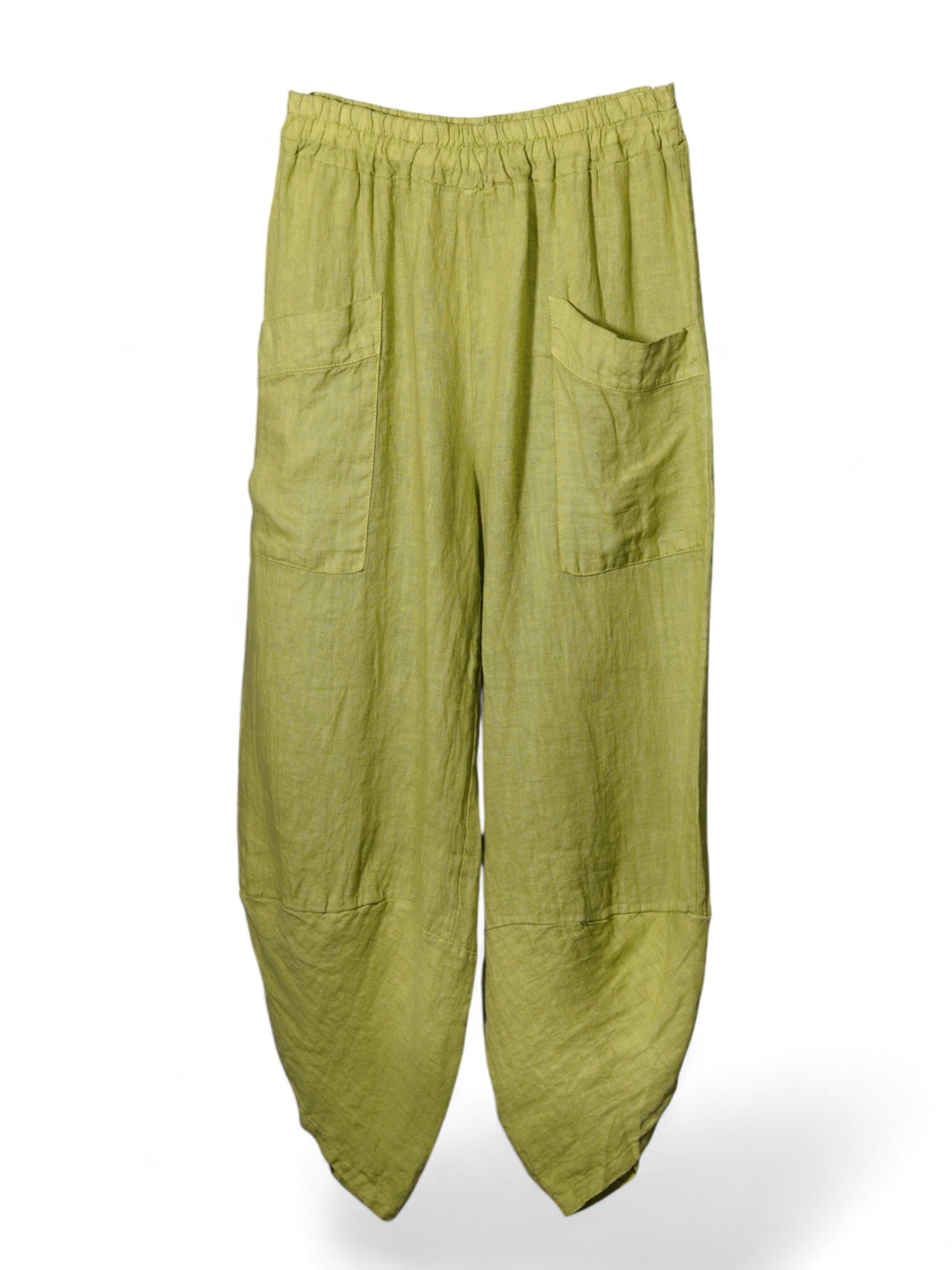 Pantaloni verzi din in natural cu croială lejeră, buzunare aplicate și elastic în talie.