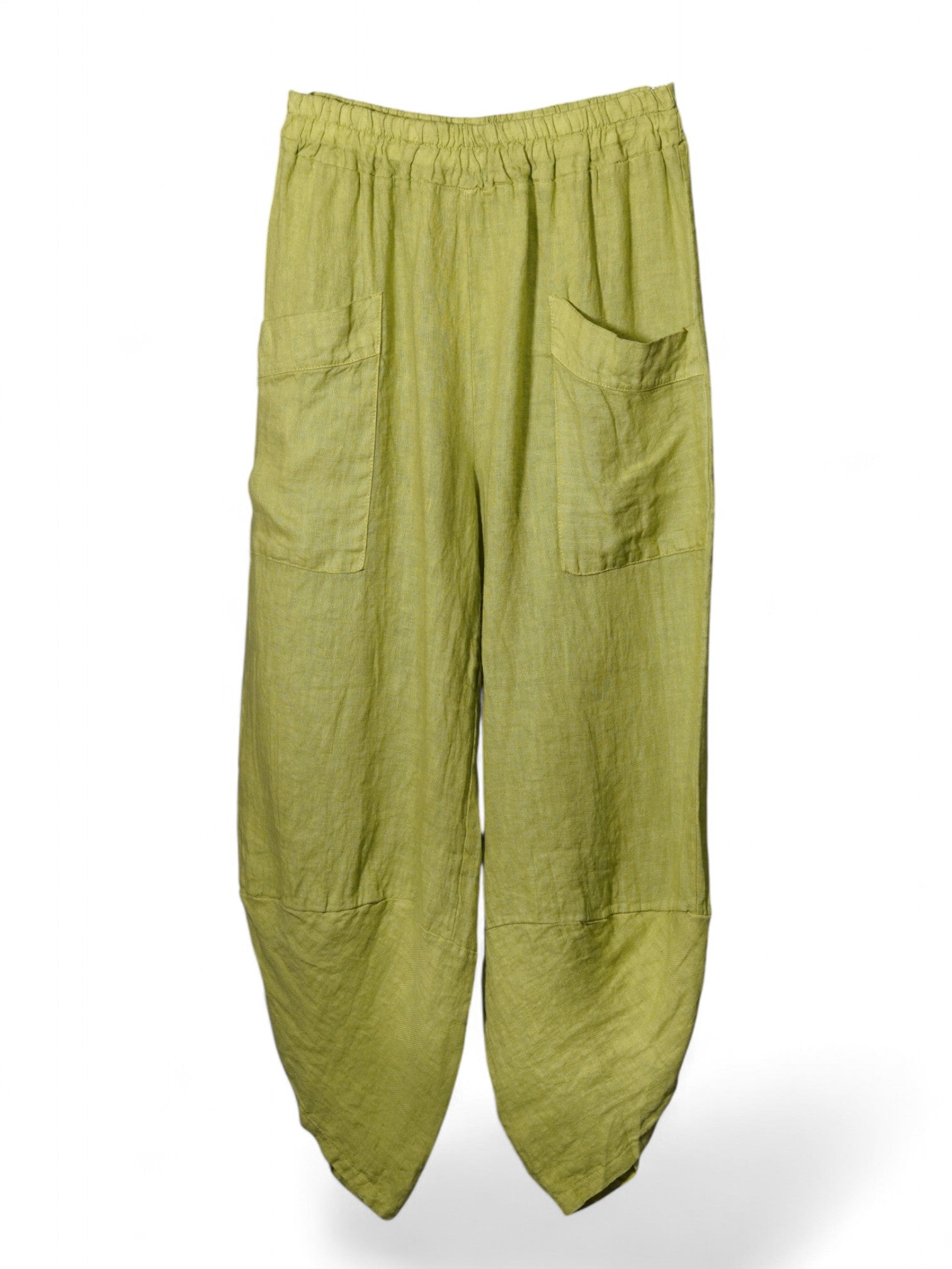 Pantaloni verzi din in natural cu croială lejeră, buzunare aplicate și elastic în talie.