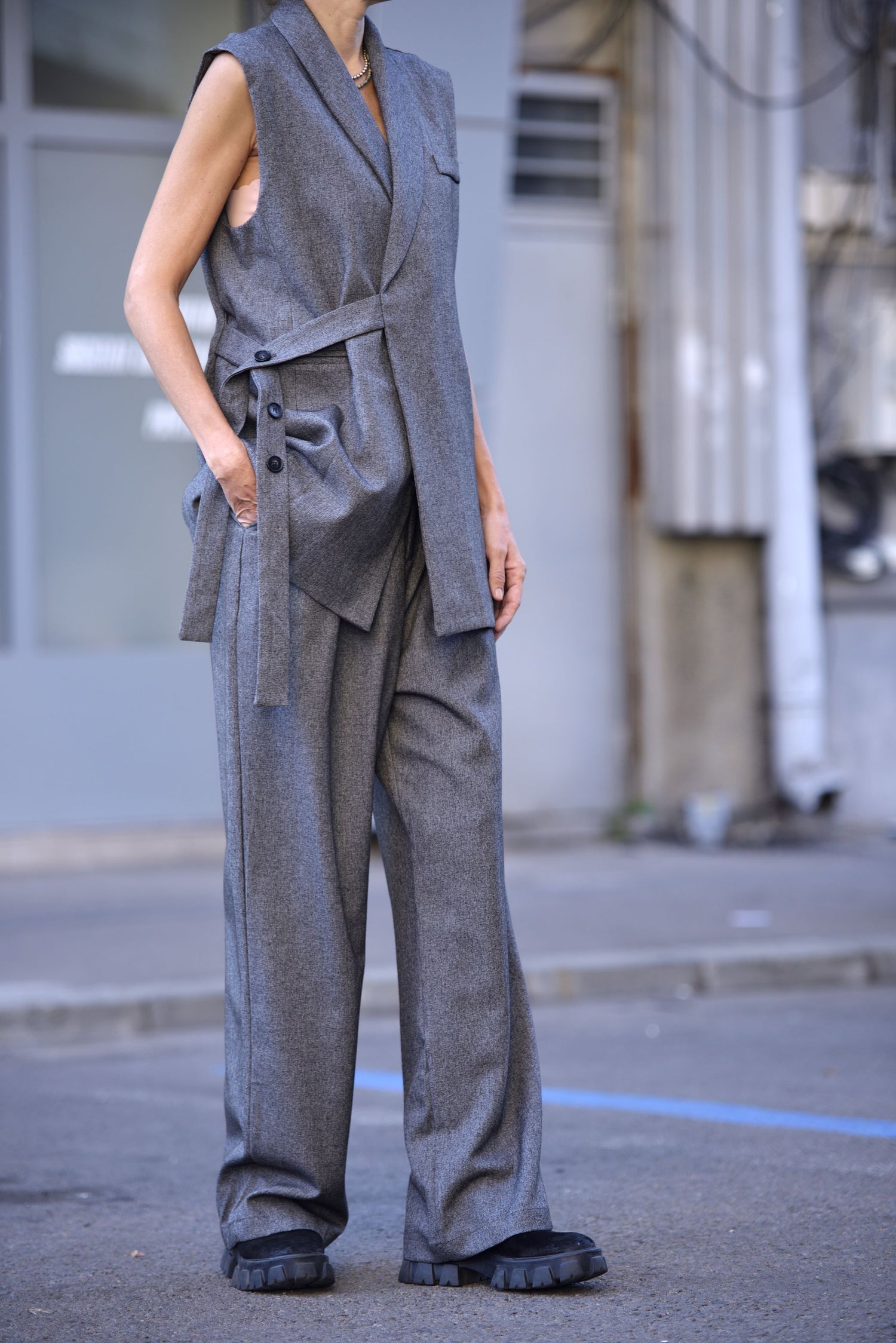 Pantaloni Largi Gri - Croială Dreaptă, Design Business Casual