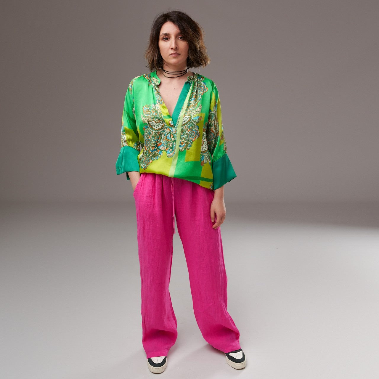  Pantaloni din in roz intens, talie medie cu șnur și croială vaporoasă