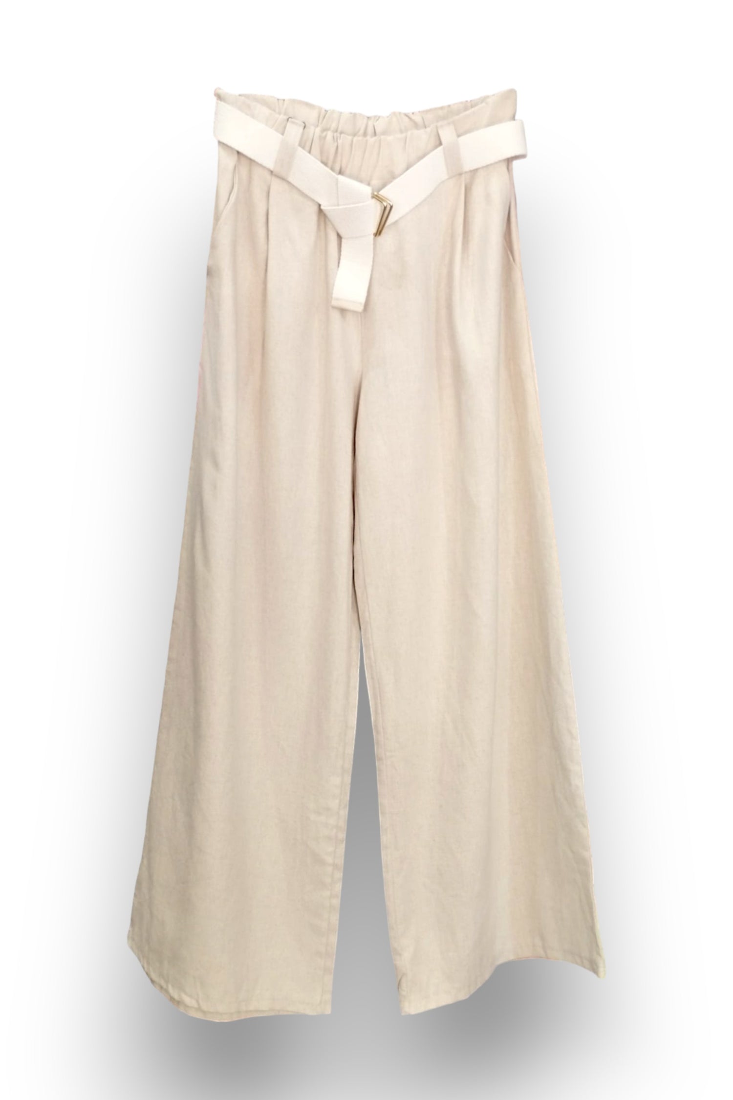 Pantaloni lungi bej din amestec de in și viscoză, cu talie elastică și centură în contrast cu cataramă aurie.