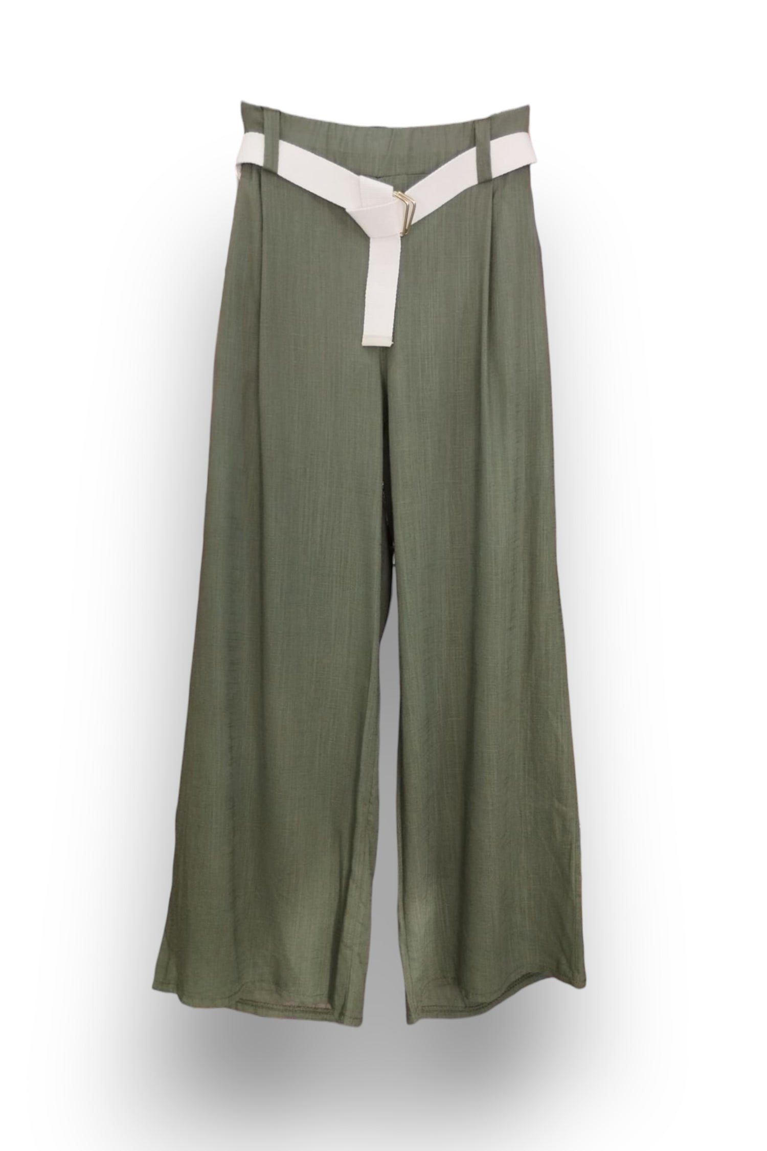 Pantaloni lungi kaki din in și viscoză, croială largă, talie elastică și centură bej cu cataramă aurie.