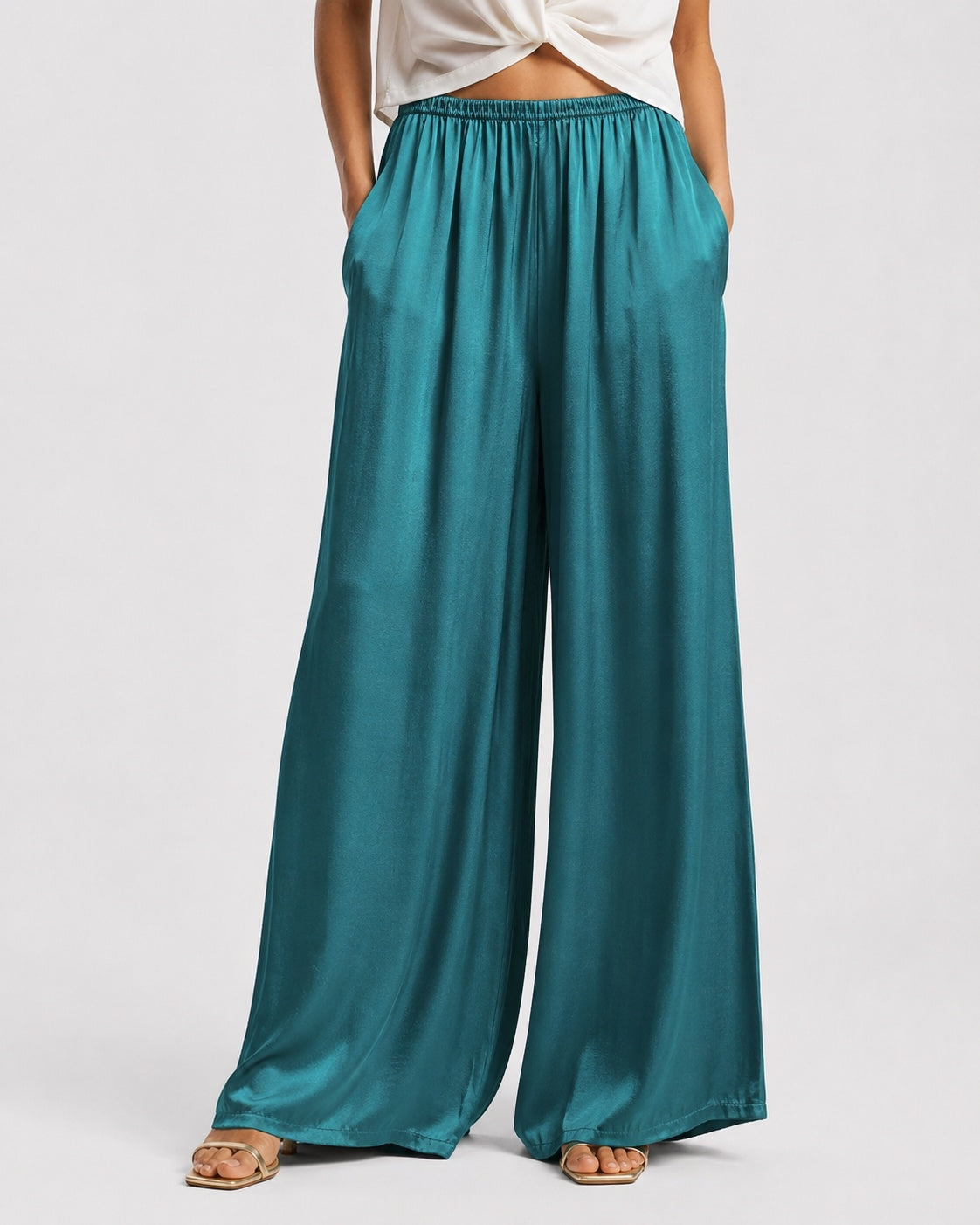 Pantaloni satinați din vâscoză, verde închis, vedere din față