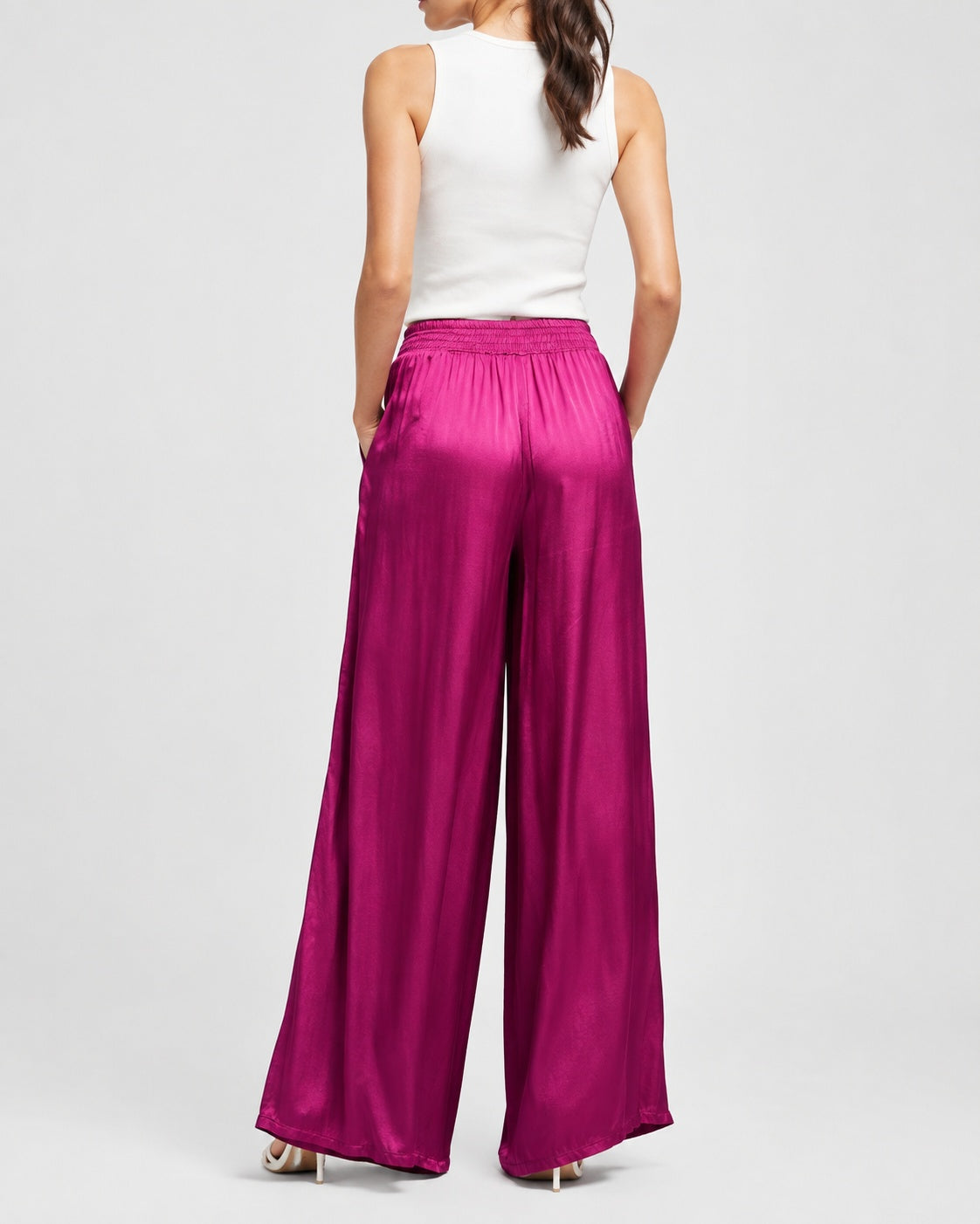 Pantaloni satinați din vâscoză, violet închis, vedere din spate