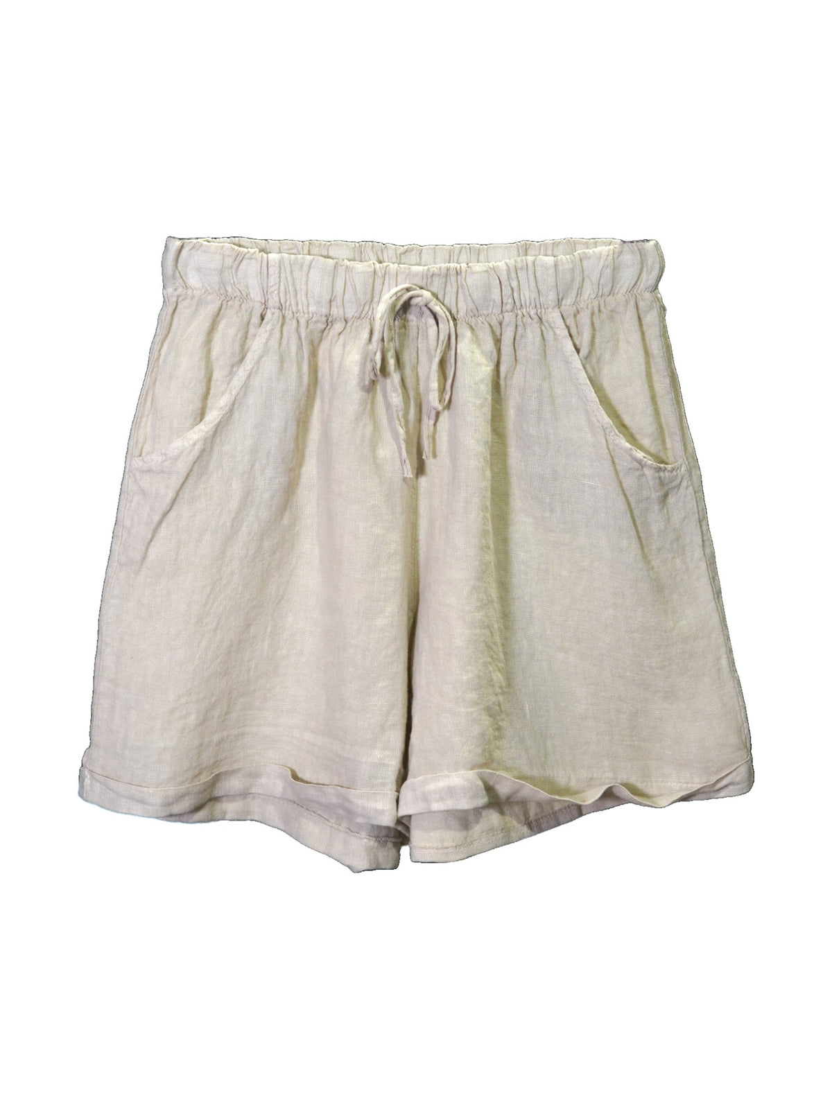 Pantaloni scurți bej din in natural, talie elastică și șnur