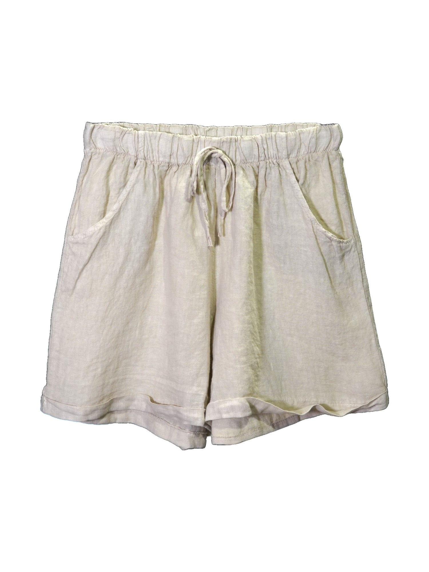 Pantaloni scurți bej din in natural, talie elastică și șnur