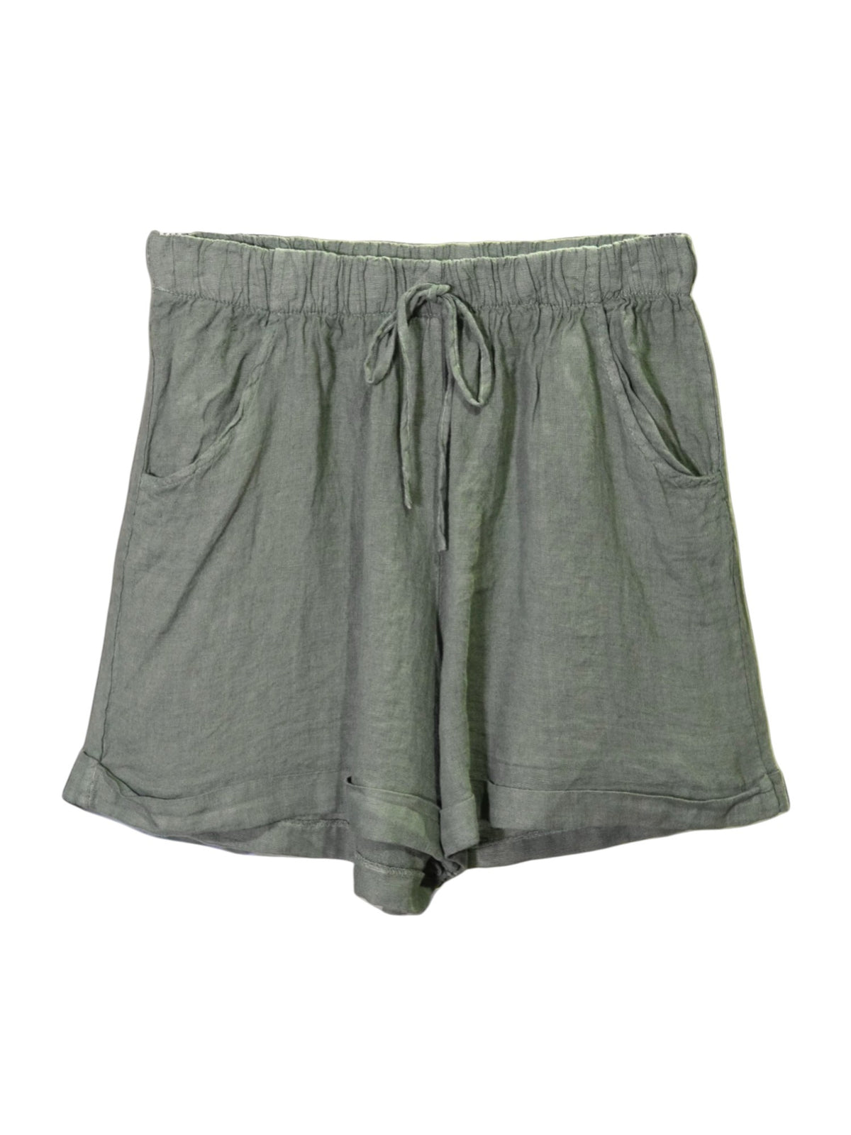 Pantaloni scurți kaki din in, croială lejeră și talie elastică