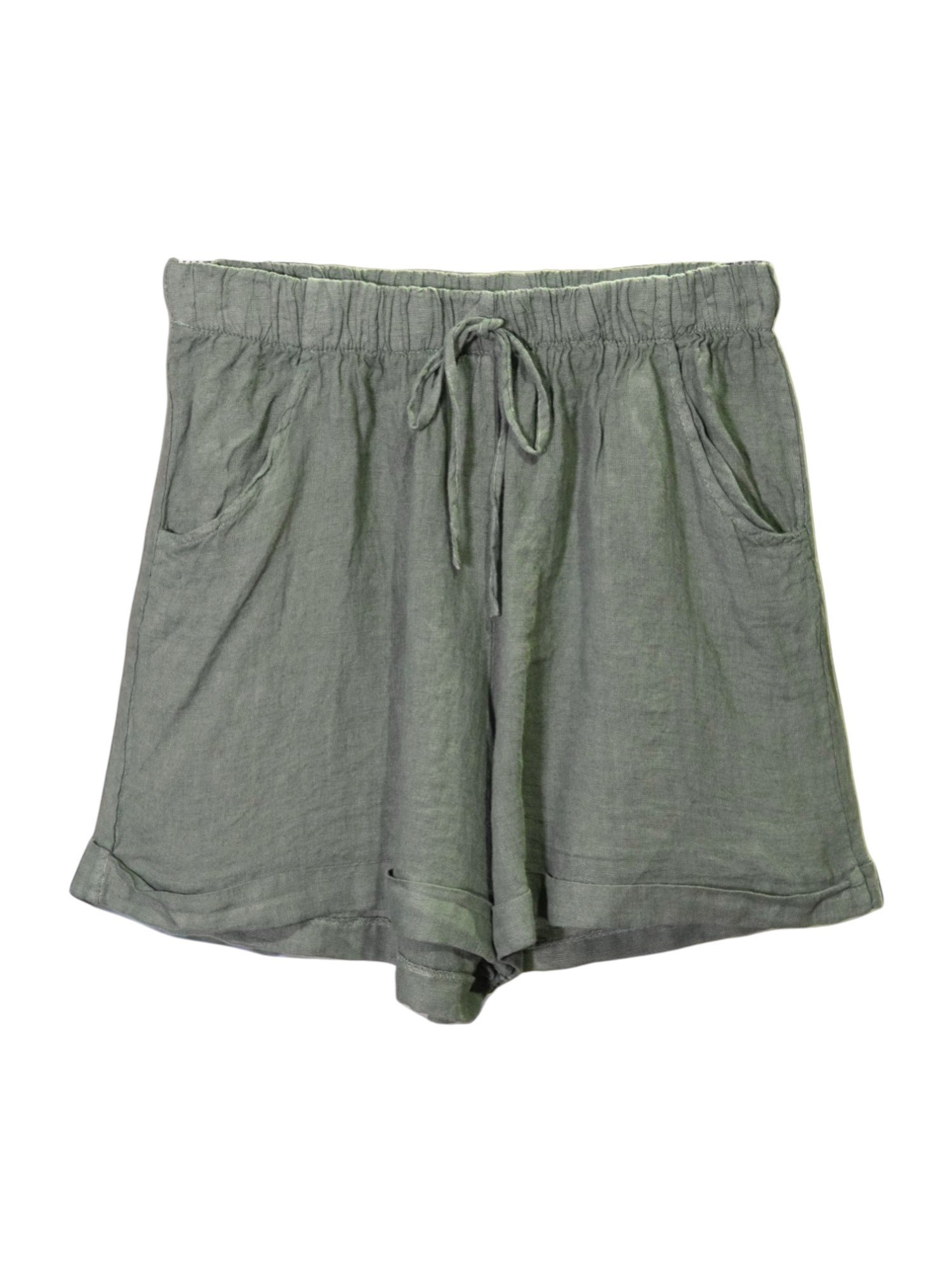 Pantaloni scurți kaki din in, croială lejeră și talie elastică