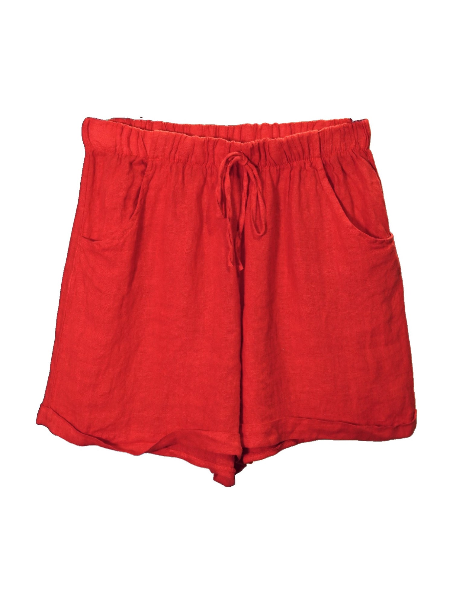 Pantaloni roșii din in cu talie elastică, buzunare și șnur decorativ