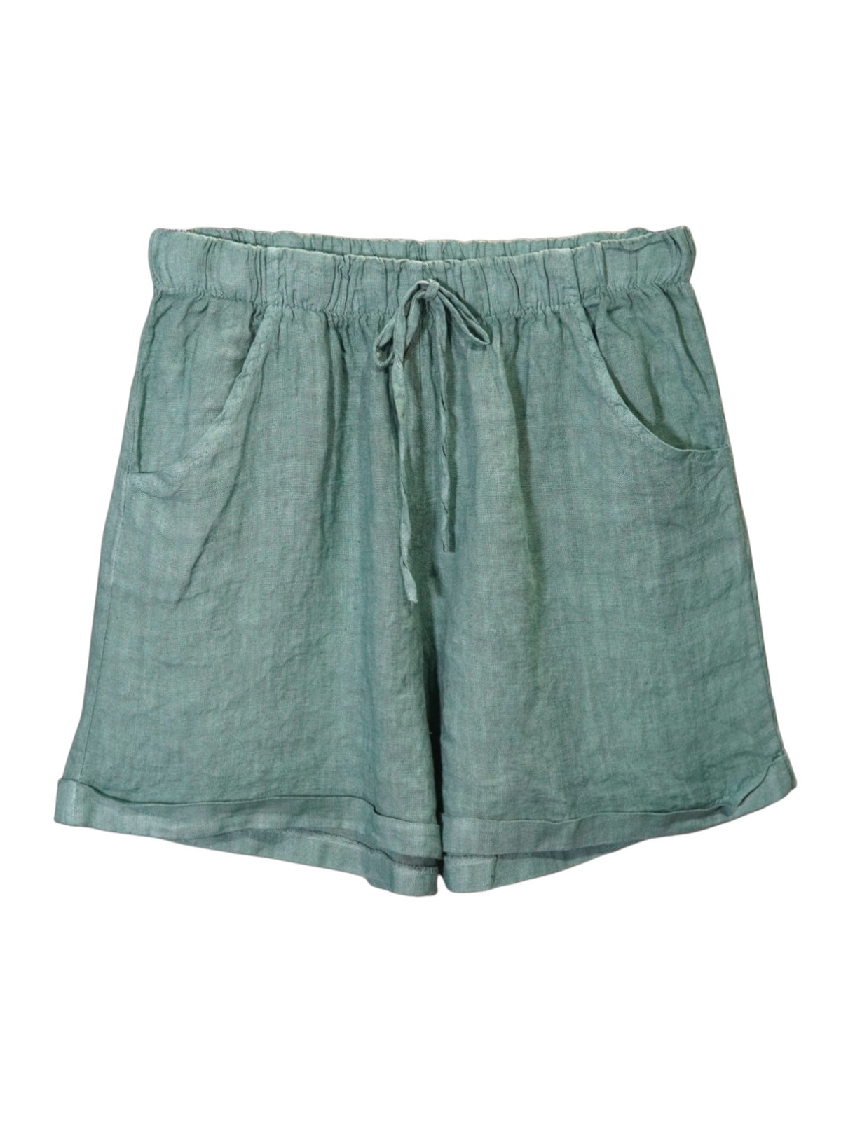 Pantaloni scurți verzi din in cu șnur reglabil și buzunare laterale