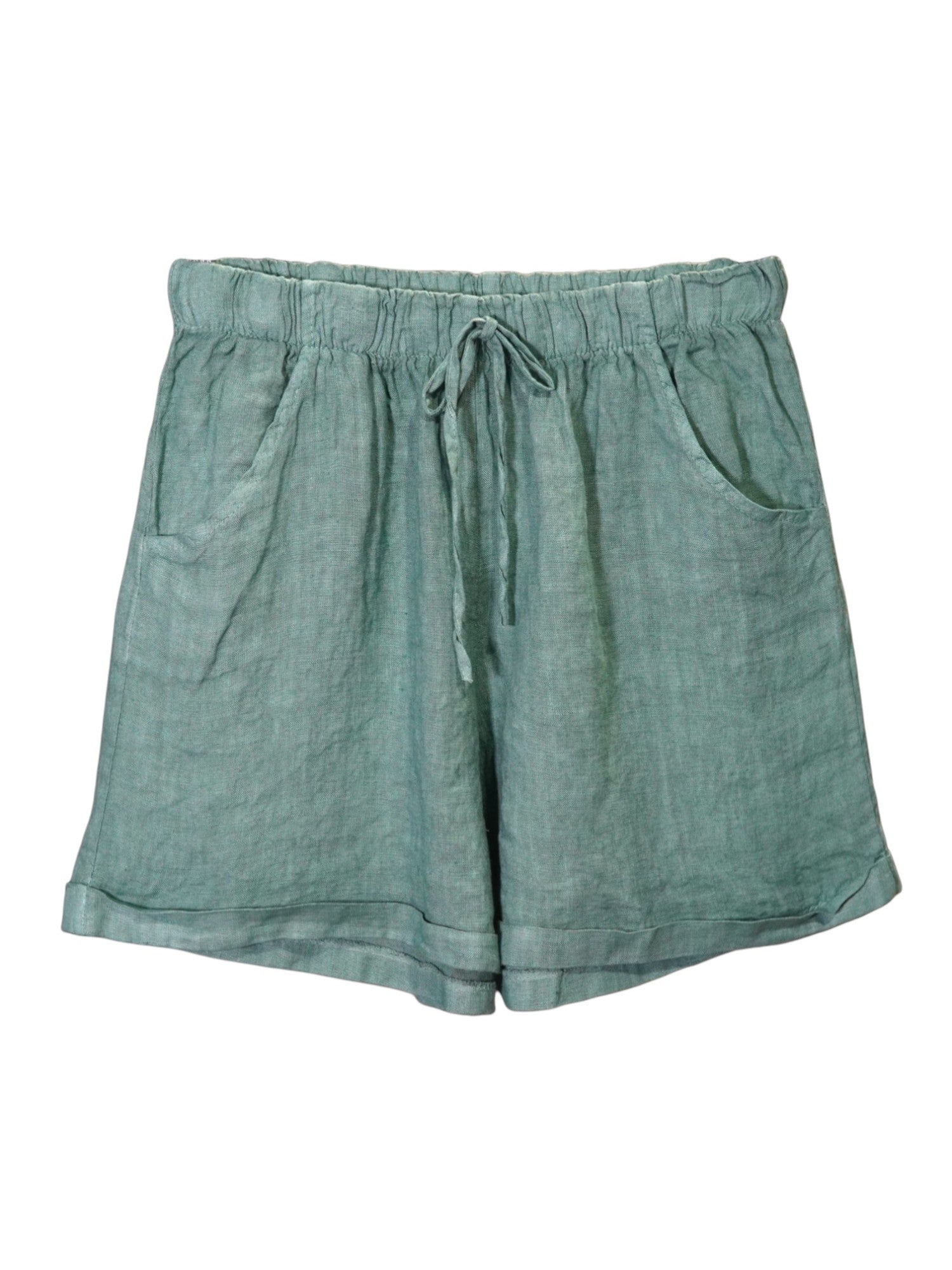 Pantaloni scurți verzi din in cu șnur reglabil și buzunare laterale