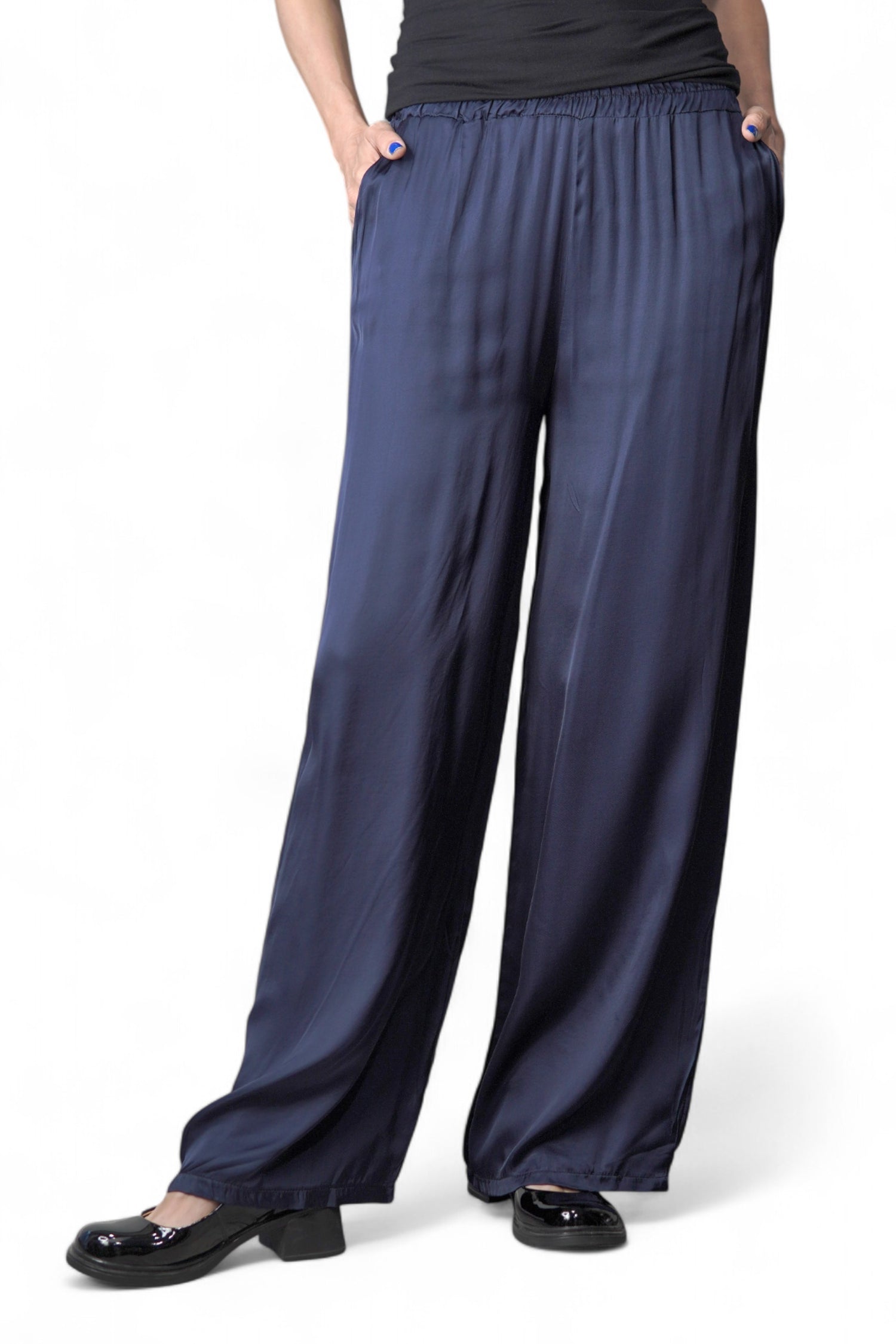 Pantaloni bleumarin largi din viscoză satinat, ideali pentru vară

