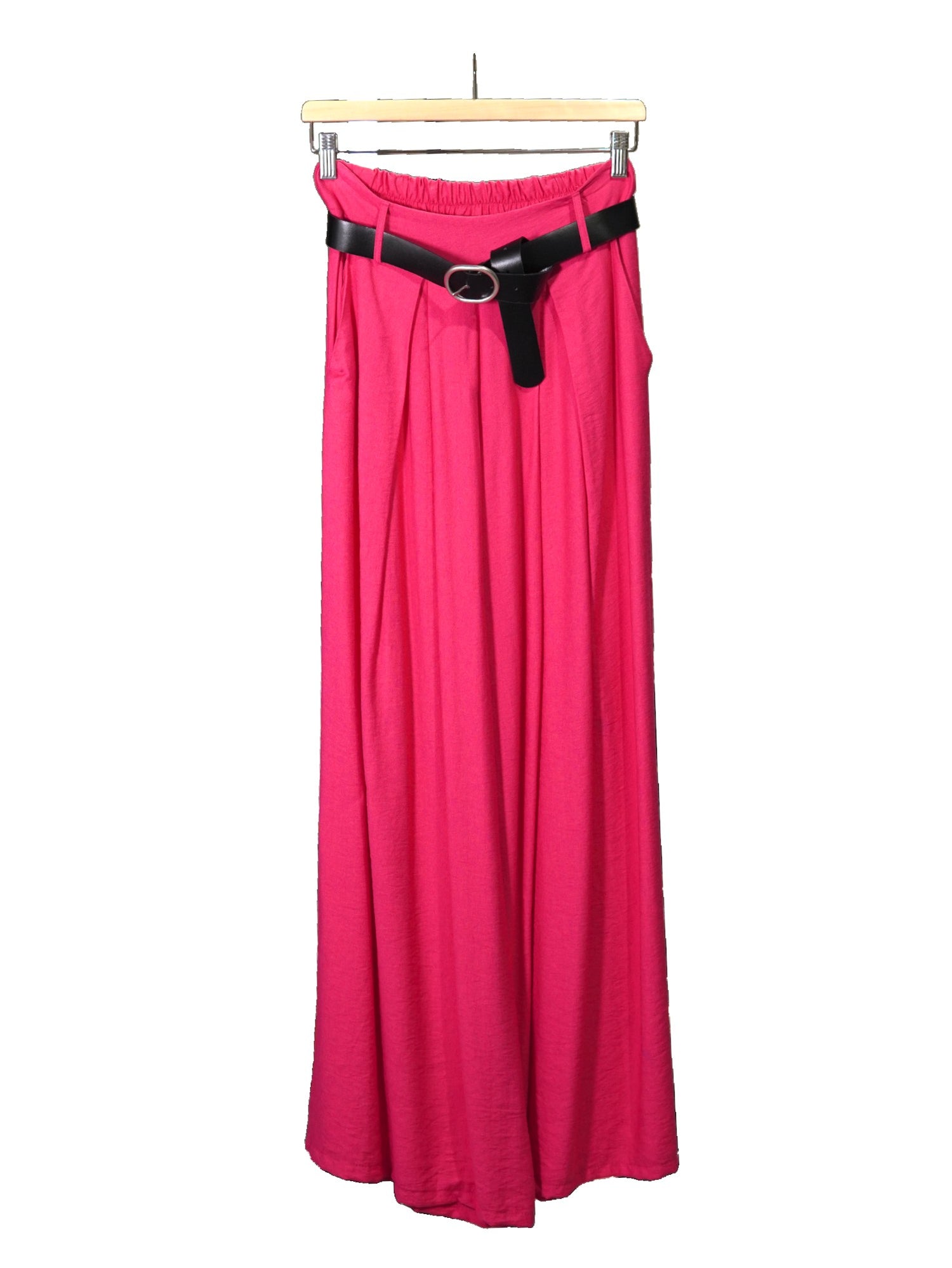 Pantaloni roz fucsia largi cu pliuri, talie elastică și curea inclusă