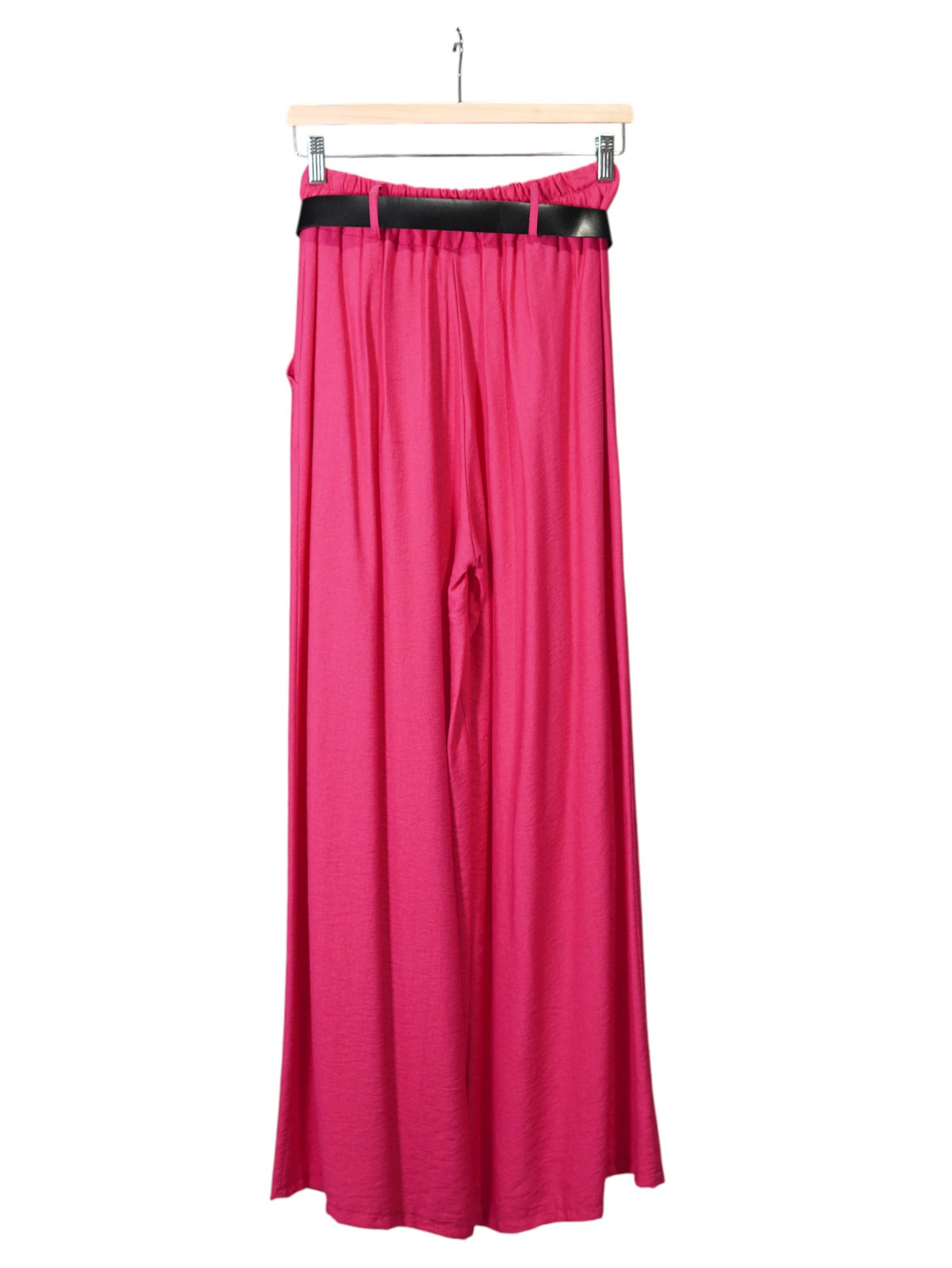 Pantaloni roz largi din viscoză, cu talie elastică și croială fluidă, vedere din spate