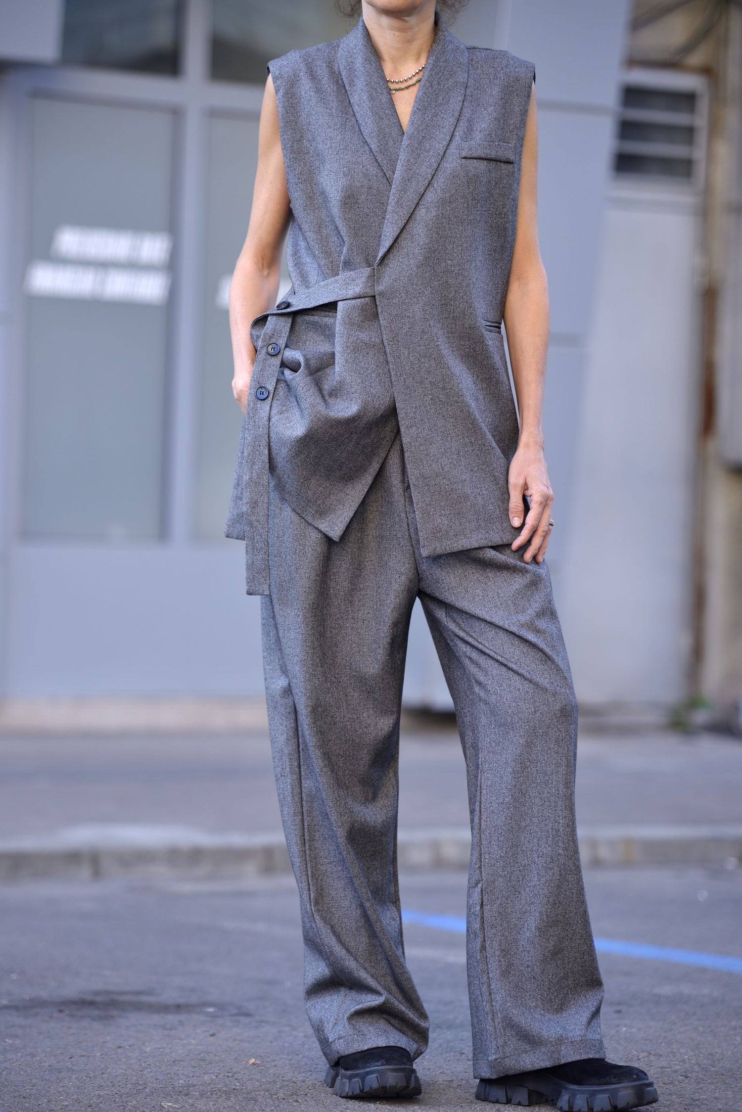 Pantaloni Largi Gri - Croială Dreaptă, Design Business Casual