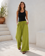 Pantaloni lungi din in cu manșetă și șiret în talie, vedere frontală. All Above Boutique.
