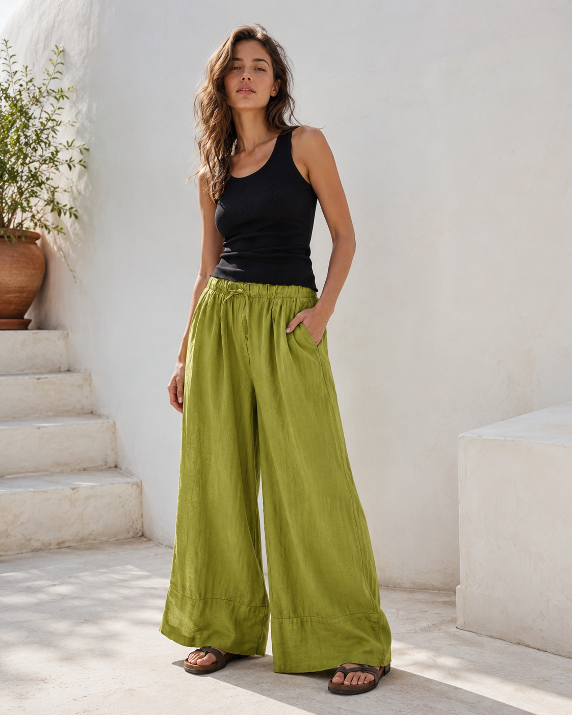 Pantaloni lungi din in cu manșetă la gleznă și șiret în talie, vedere laterală. All Above Boutique.