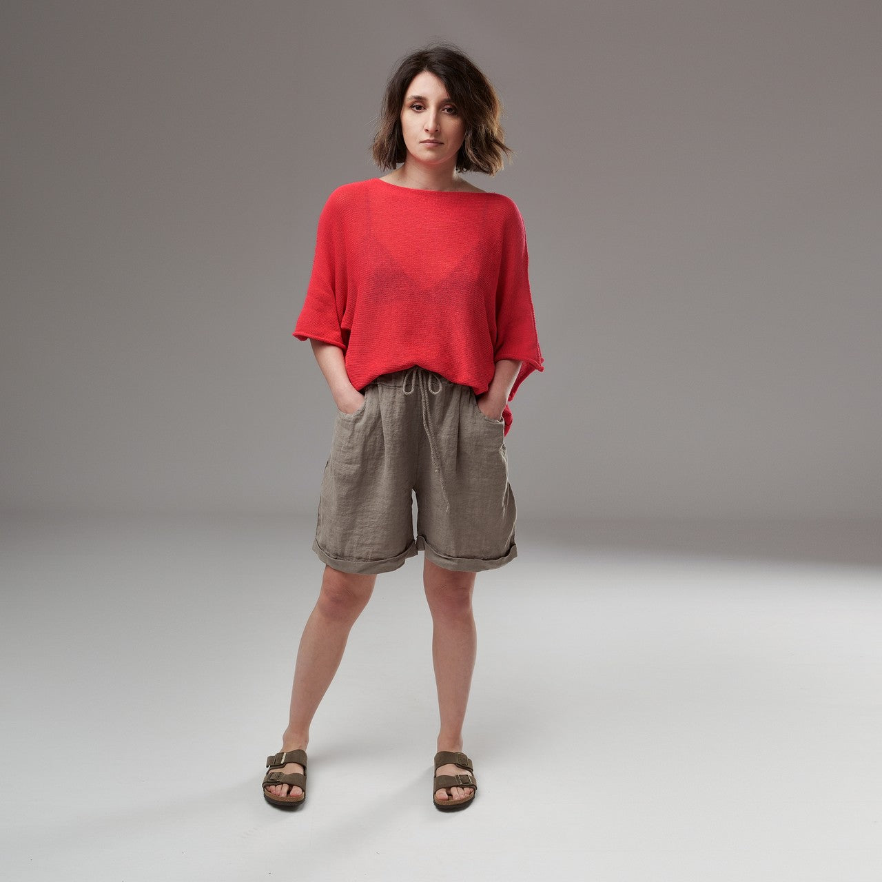 Pantaloni Scurți Lejeri Din In Șifonat – Talie Elastică Reglabilă