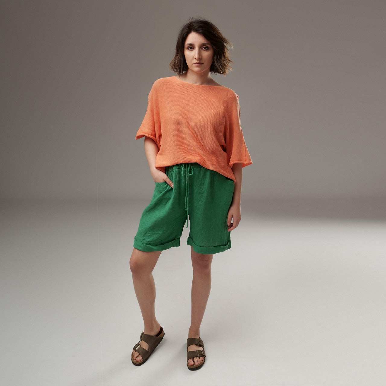 Pantaloni Scurți Lejeri Din In Șifonat – Talie Elastică Reglabilă