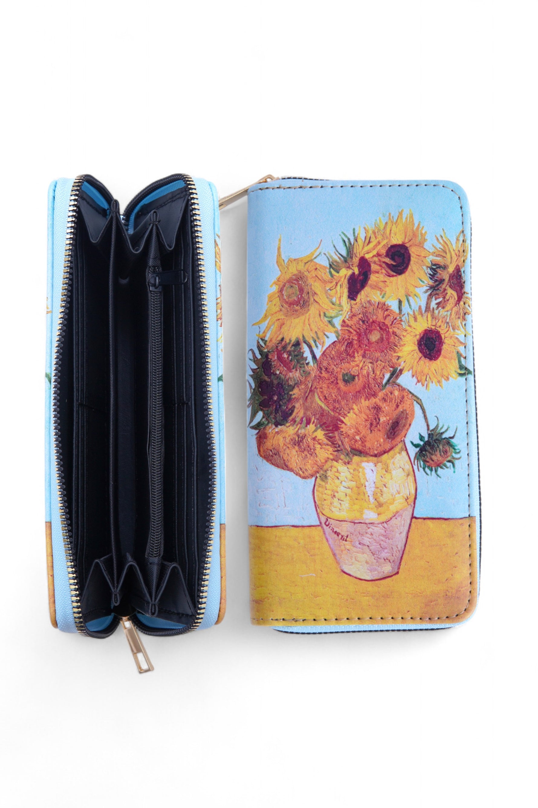 Portofel textil cu imprimeu Floarea Soarelui, prezentat din lateral pentru evidențierea compartimentelor.