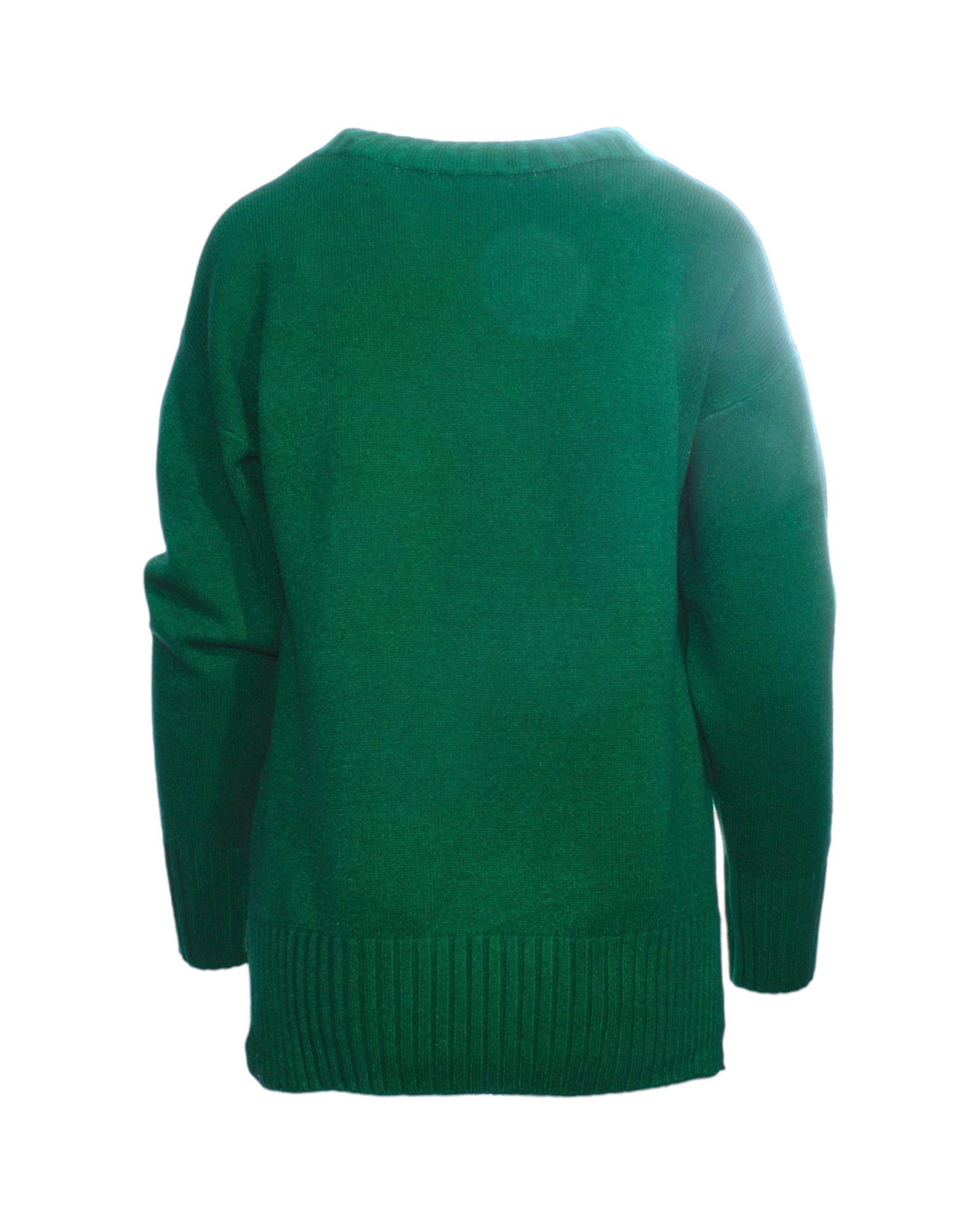 Pulover verde închis, vedere din spate, design casual și lejer.