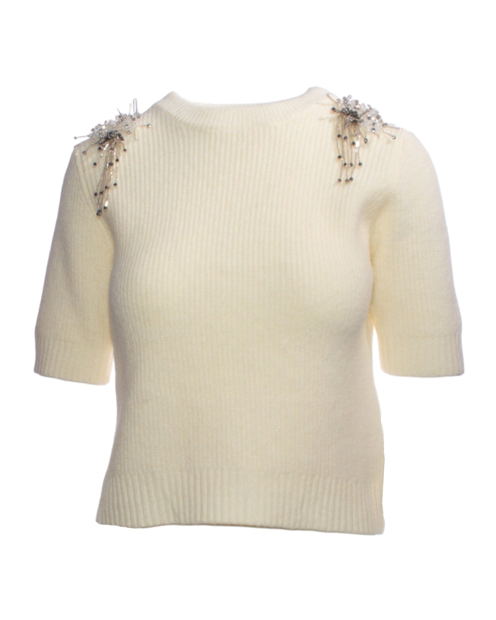 Pulover crem cu mânecă scurtă și aplicații elegante pe umeri, confecționat din material moale și elastic.