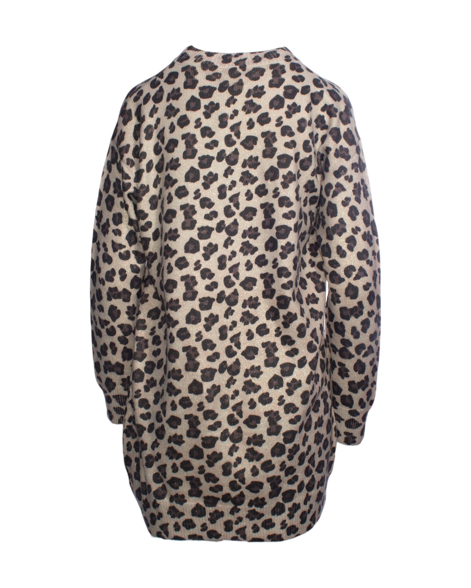 ulover lung cu animal print și fir auriu, vedere din spate, croială lejeră și umeri căzuți.