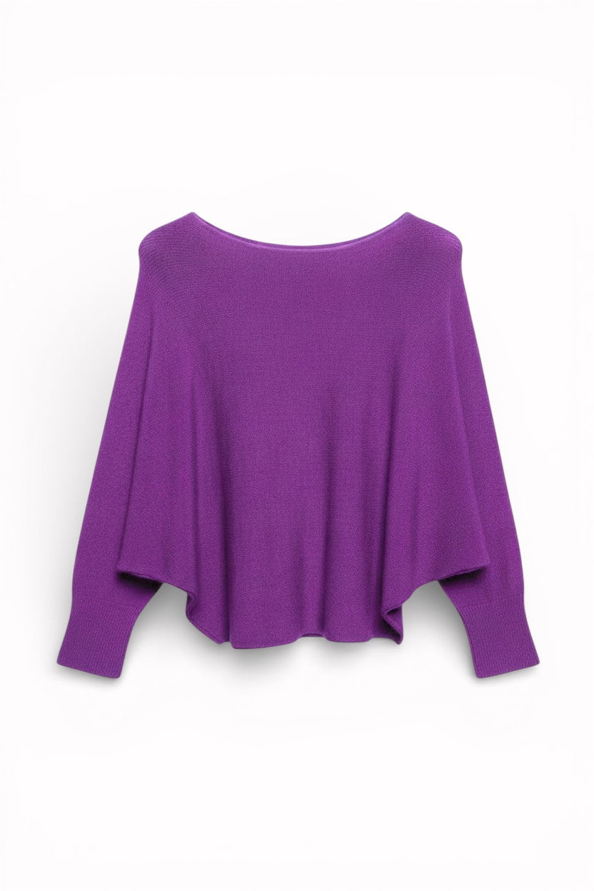 Pulover mov deschis cu croială largă, mâneci lungi și material fluid, ideal pentru ținute casual elegante