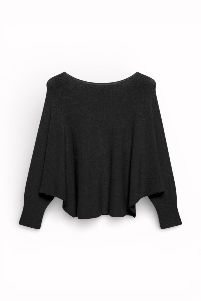 Pulover negru lejer cu textură fină, croială amplă și umeri căzuți, realizat din material moale