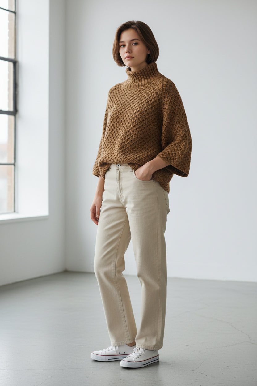 Detaliu mâneci trei sferturi la pulover tricotat damă, cu croială lejeră.