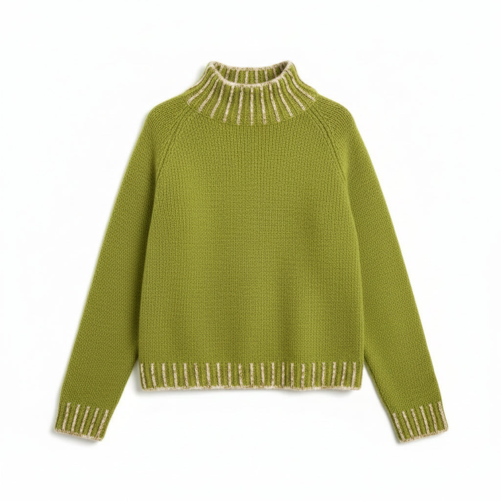 Pulover tricotat cu guler înalt prezentat flatlay, evidențiind textura și detaliile de design.