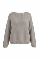 Pulover tricotat damă gri, prezentare produs, design simplu și elegant.