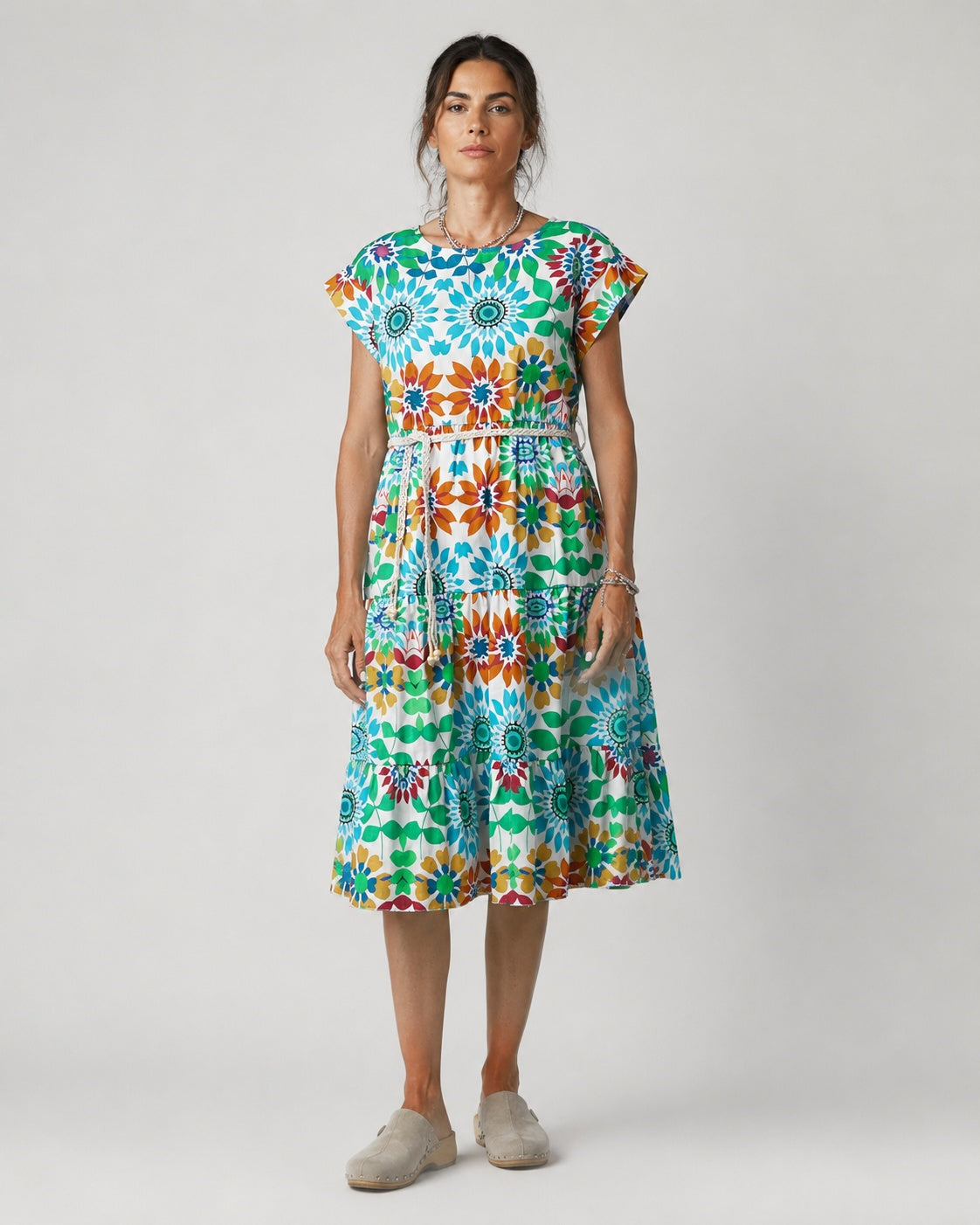 Rochie midi din bumbac cu imprimeu floral și cordon împletit, nuanța verde, vedere din față, All Above Boutique.