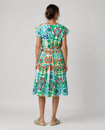 Rochie midi din bumbac cu imprimeu floral și cordon împletit, nuanța verde, vedere din spate, All Above Boutique.