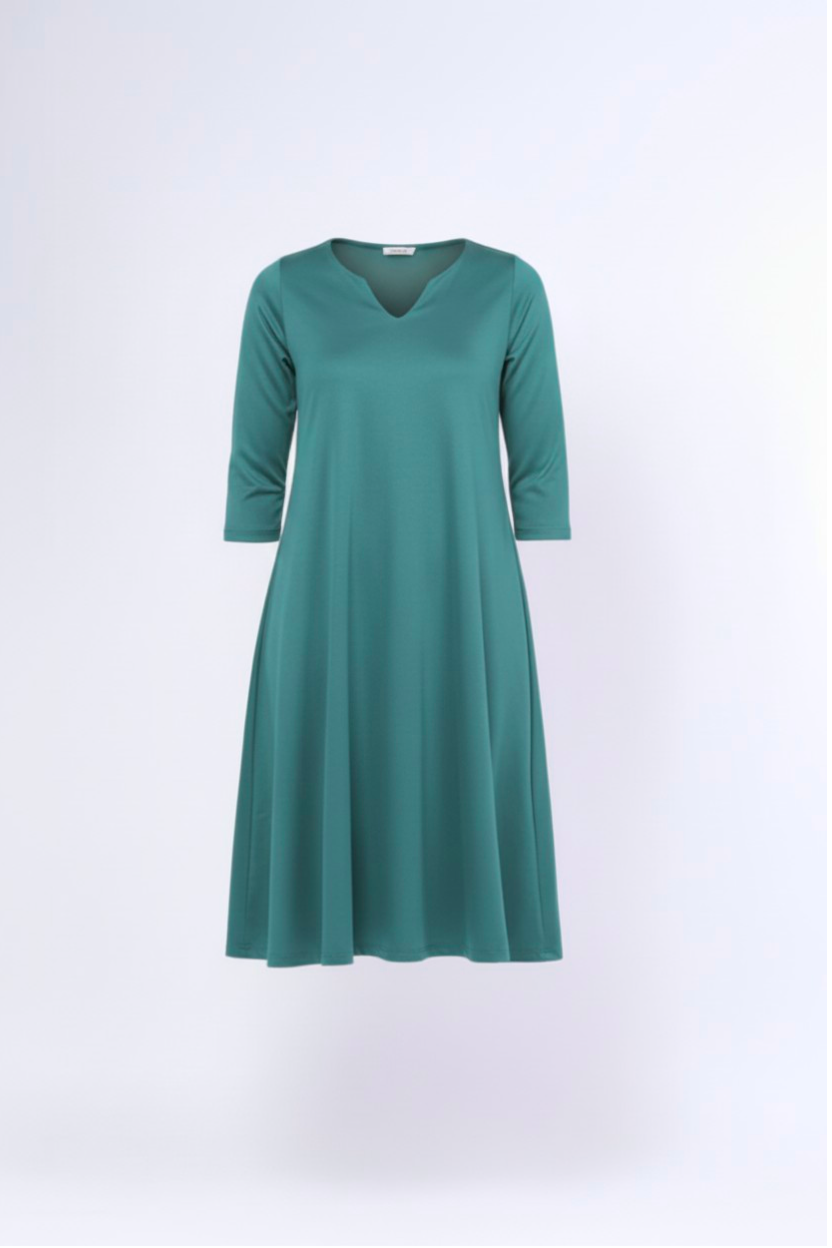 Rochie midi evazată cu decolteu despicat, în nuanța turcoaz închis, vedere frontală, All Above Boutique