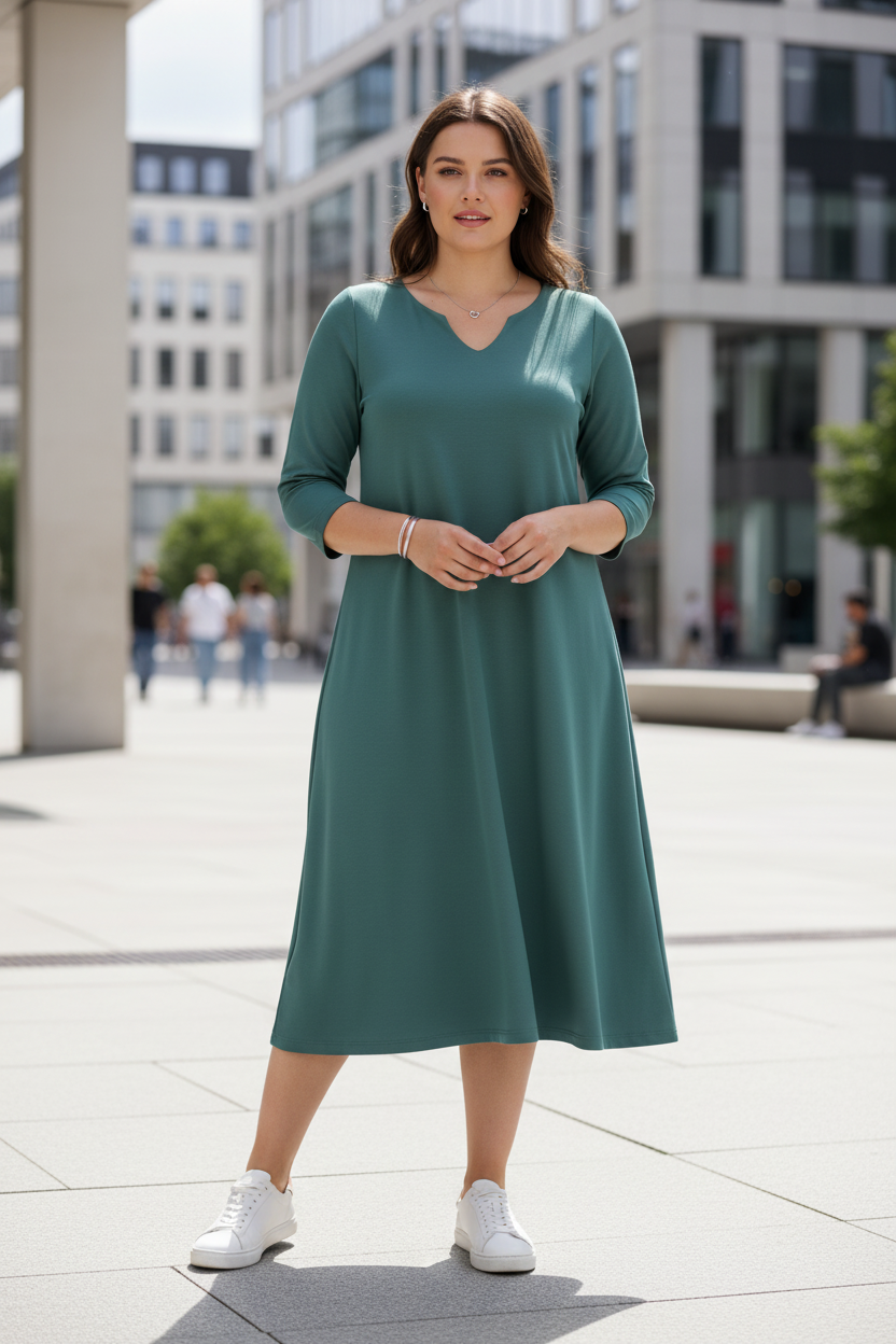 Rochie midi evazată cu decolteu despicat, în nuanța turcoaz închis, purtată pe model, All Above Boutique