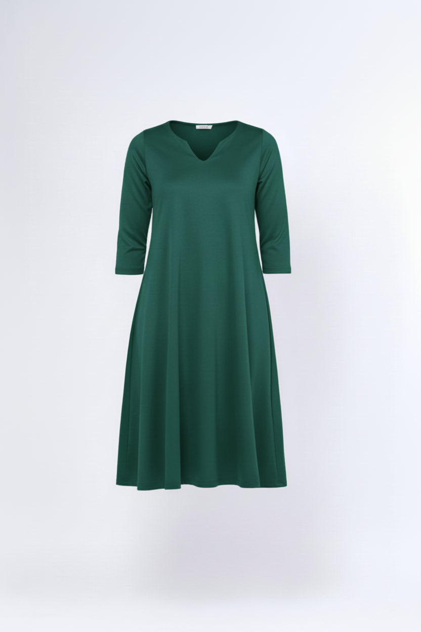 Rochie midi evazată cu decolteu despicat, în nuanța verde închis, vedere frontală, All Above Boutique