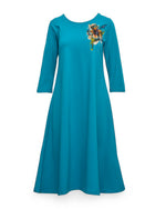 Rochie evazată din jerse cu floare imprimată pe umăr, în nuanța cyan, vedere frontală, All Above Boutique