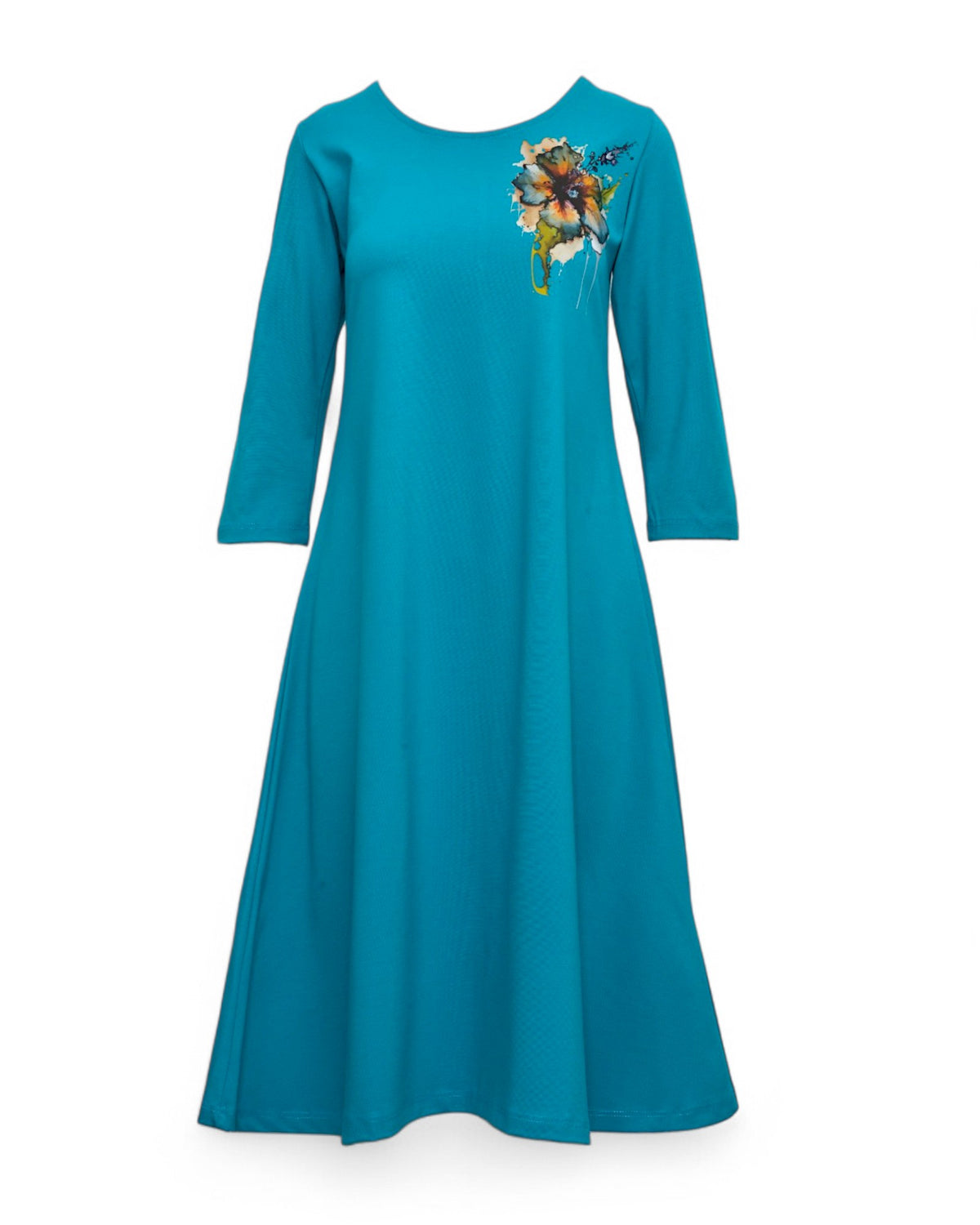 Rochie evazată din jerse cu floare imprimată pe umăr, în nuanța cyan, vedere frontală, All Above Boutique