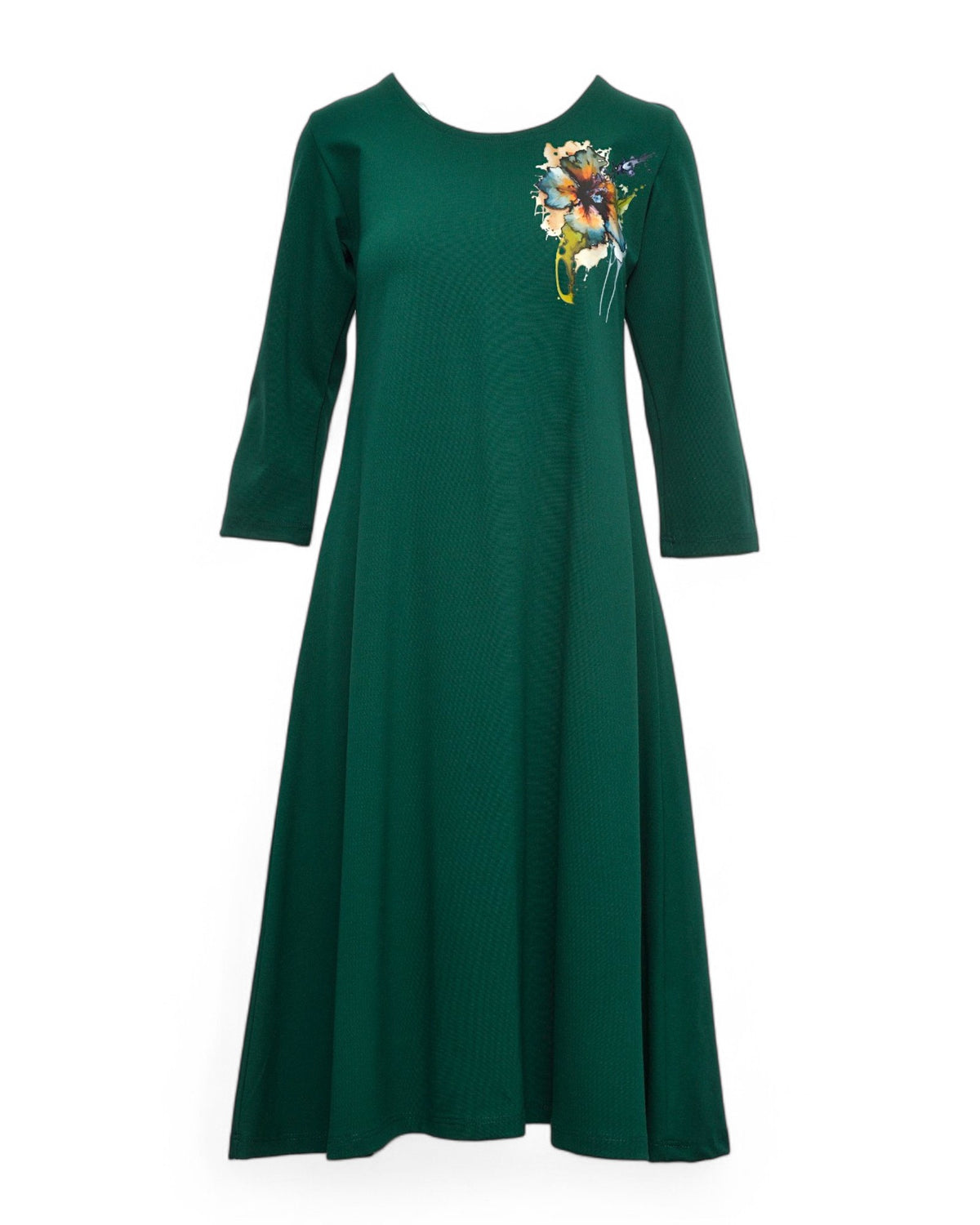 Rochie evazată din jerse cu floare imprimată pe umăr, în nuanța verde închis, vedere frontală, All Above Boutique