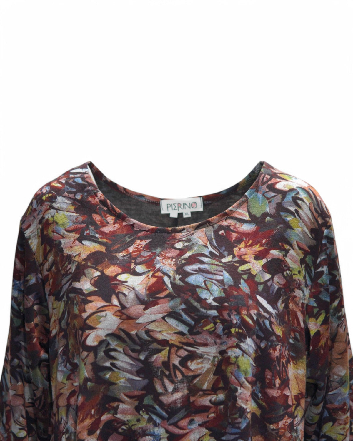 Rochie evazată din jerse cu imprimeu pictural, în nuanța maro, detaliu, All Above Boutique