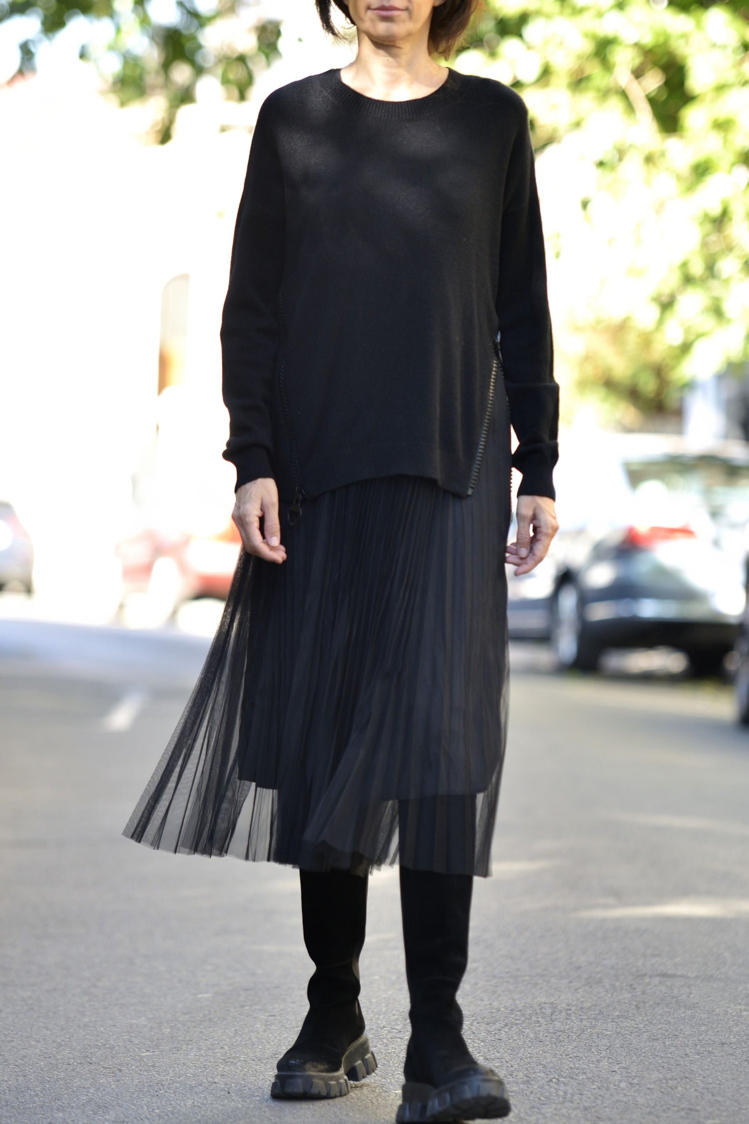 Rochie din 2 piese cu pulover și fustă tulle plisată